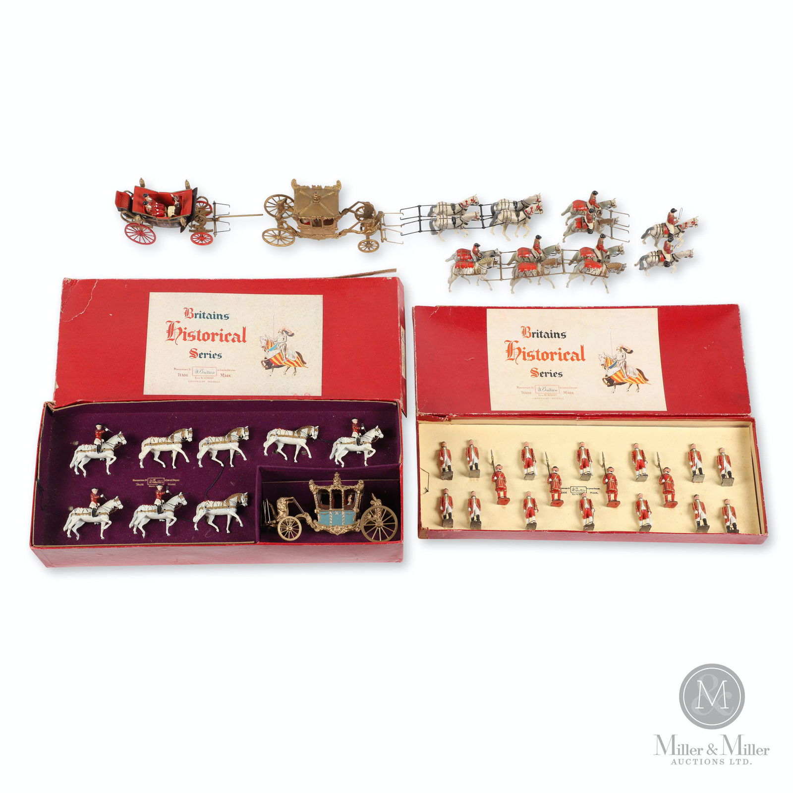 Britains, 'Historical Series' Toy Soldiers: Forty-Six (46). English. 1940s. Includes 2 sets: No. 1475 Beefeaters, Outriders and Footmen of Royal Household (18 Figures), No. 9401 Her Majesty's State Coach (9 Figures), and 19 loose pieces (Her Ma