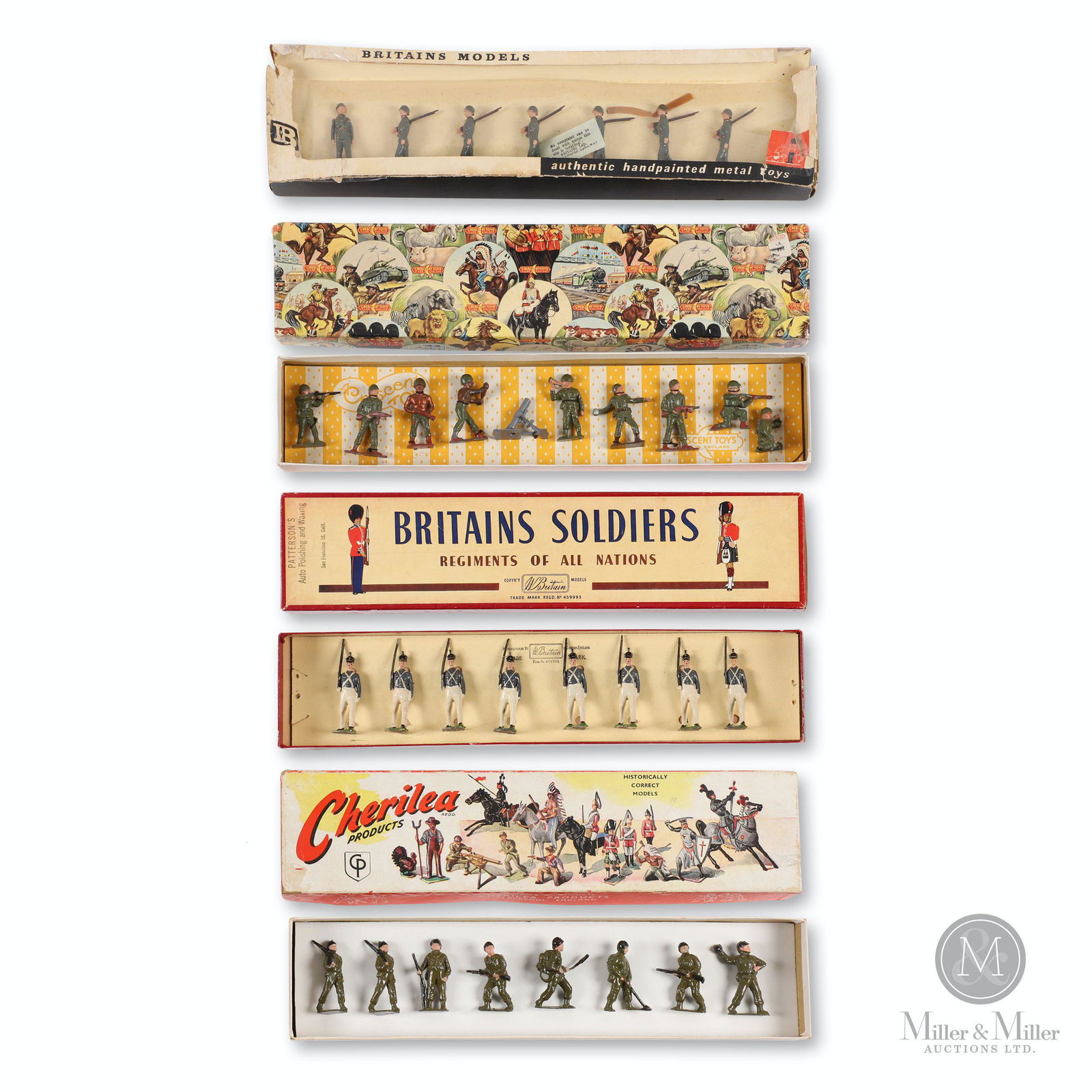 Cherilea, Britains, Crescent Toy Soldiers: Thirty-Three (33). English. 1940s. Includes 4 sets: Series A/118 American Soldiers (8 Figures), No. 299 The United States Army West Point Cadets (Summer Uniform) (8 Figures), UNMARKED BOX (Infantry??)