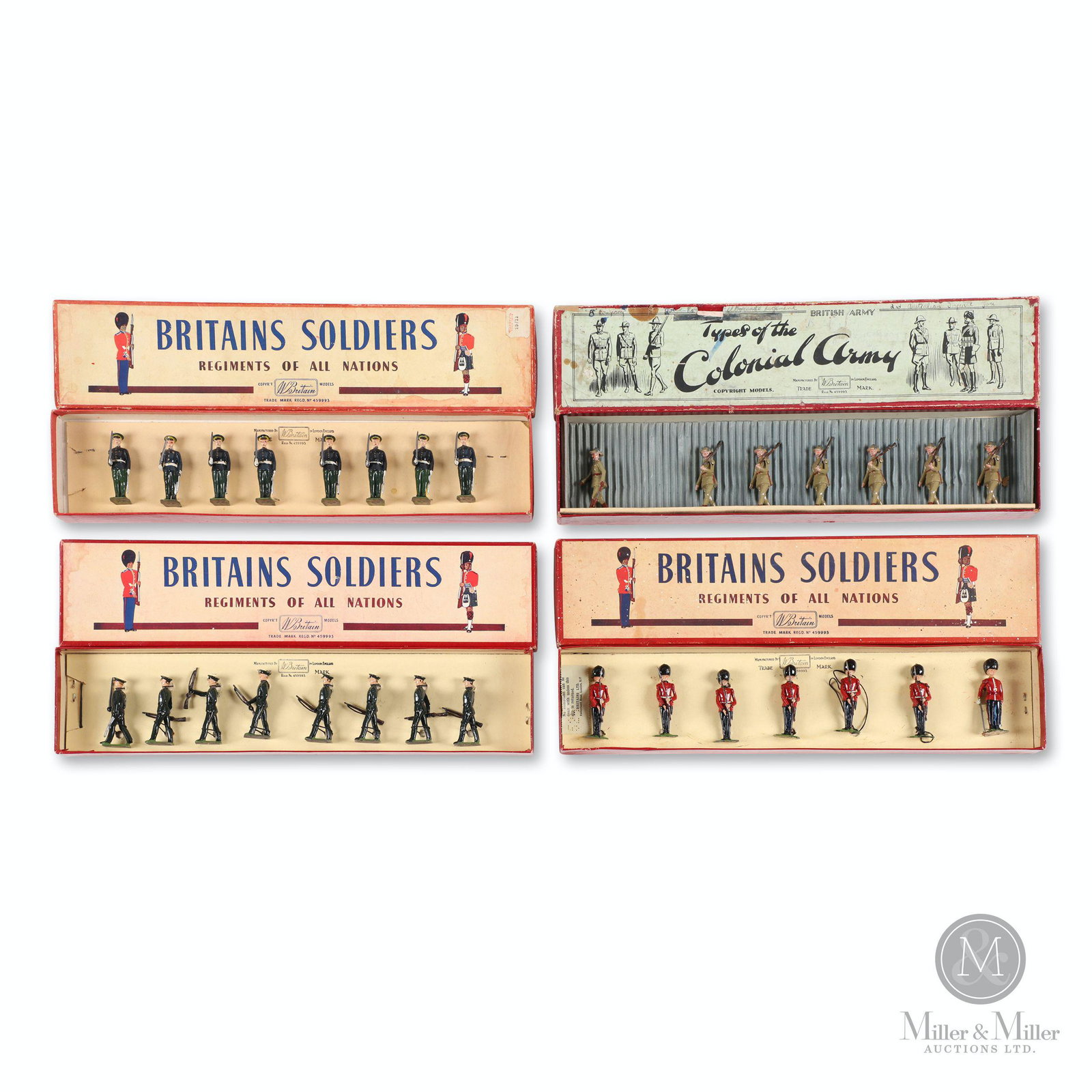 Britains, Colonial Army, Soldiers Regiments of All: Thirty (30). English. 1940s. Includes 4 sets: No. 1544 Australian Infantry, Marching, Slope Arms (Service Dress) (7 Figures), No. 2078 Irish Guards (Present Arms) (7 Figures), No. 2087 5th Dragoon Gds