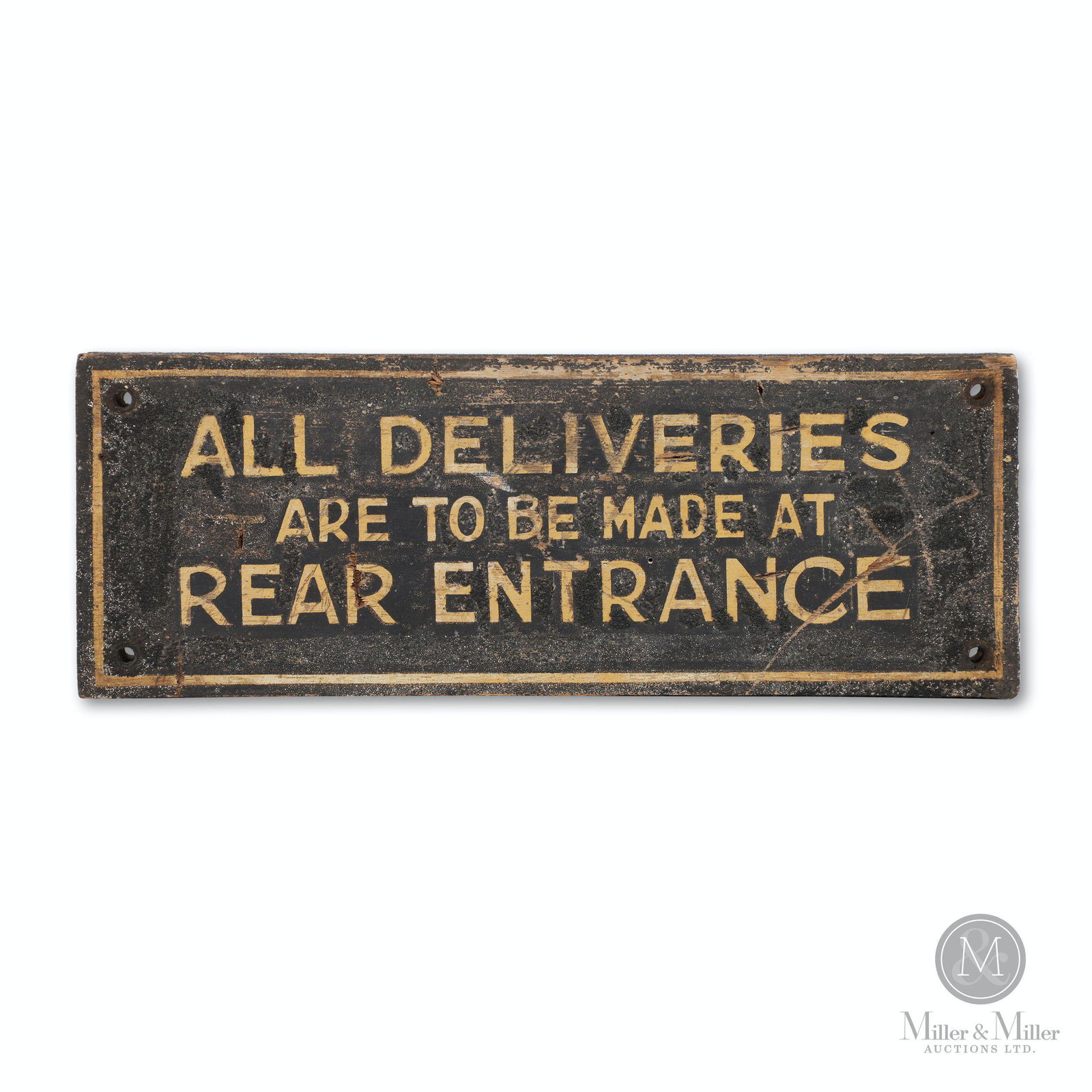 Smaltz Painted "Rear Deliveries" Wood Sign: American. 1930s. Wood. Smaltz paint. "All Deliveries are to be Made at Rear Entrance". 4 x 11". Surface wear. CODE:SIG