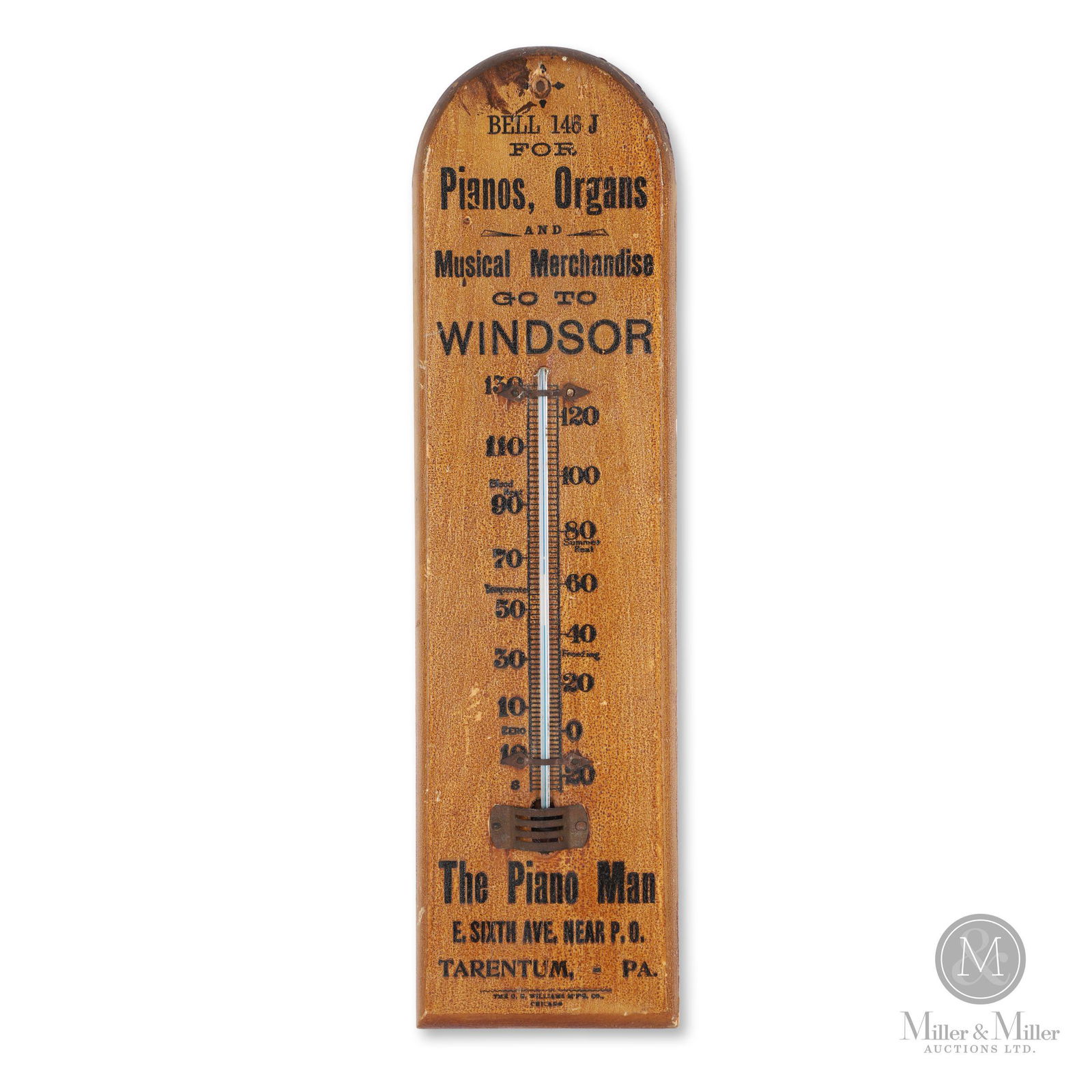 Piano Man Pennsylvania Wood Advertising Thermometer: American. 1900. Wood. The O. G. Williams M'F'G Co Chicago. Bell 146J For Pianos, Organs & Musical Merchandise - The Piano Man - Tarentum Pennsylvania. 15 x 4". Thermometer not functioning. CODE:SIG