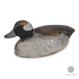 David Ward, Toronto, ON Bufflehead Drake Decoy: Canadian. 1838-1912. Hollow body. Signed 3 times to underside, "D. WARD" (x2) and "A.S. WARD". 10.5 x 4.75 x 4.5". Paint exhibits minor losses, mostly from top of head and back. CODE:DCOY