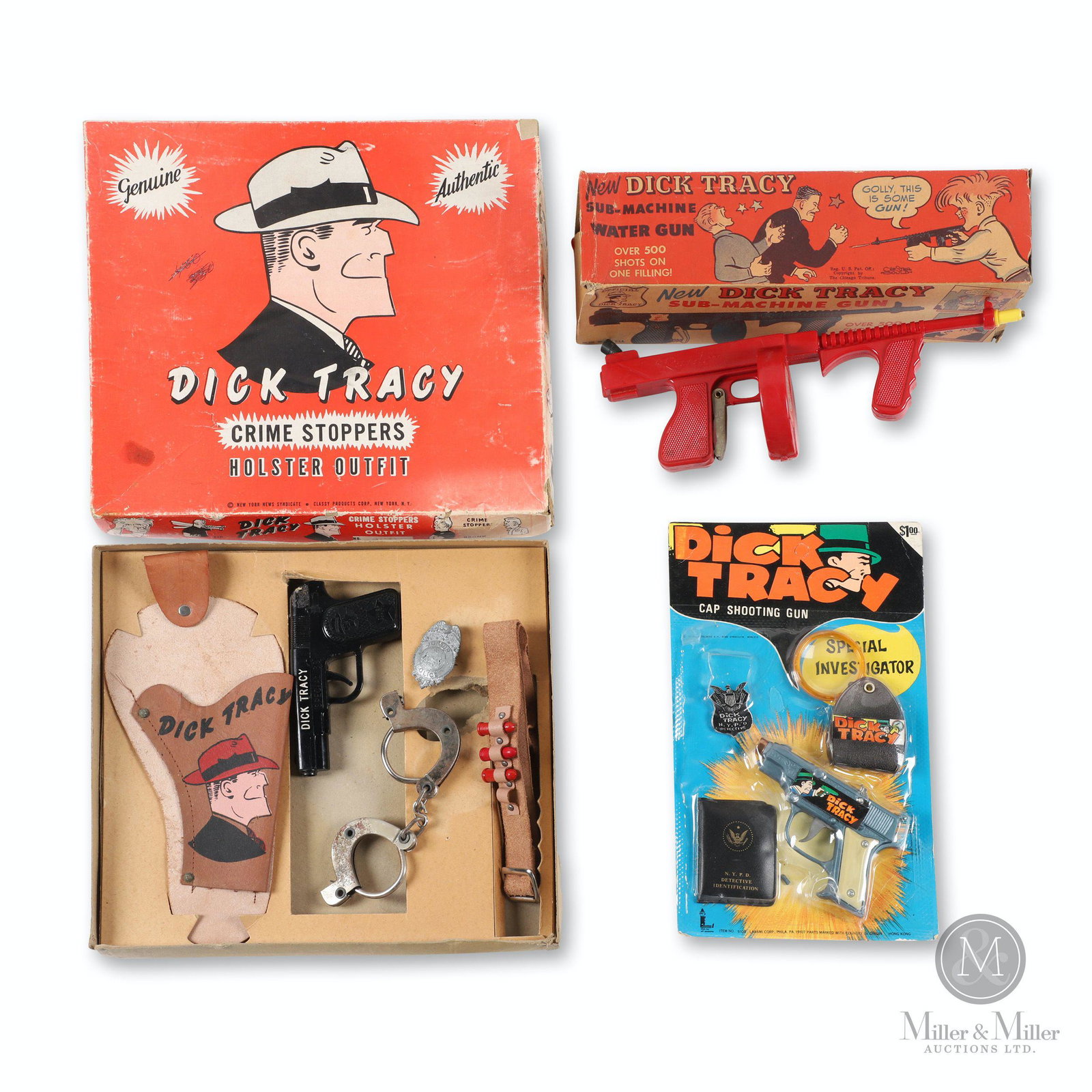 Boxed Dick Tracy Toy Gun Sets: Three (3). American. 1940s-50s. Includes: Dick Tracy Sub-Machine Water Gun, Cap Shooting Gun and "Crime Stoppers" Holster outfit. Marked, "Larami Corp., Phila, PA", "Raider Made in U.S.A" and "New Yor