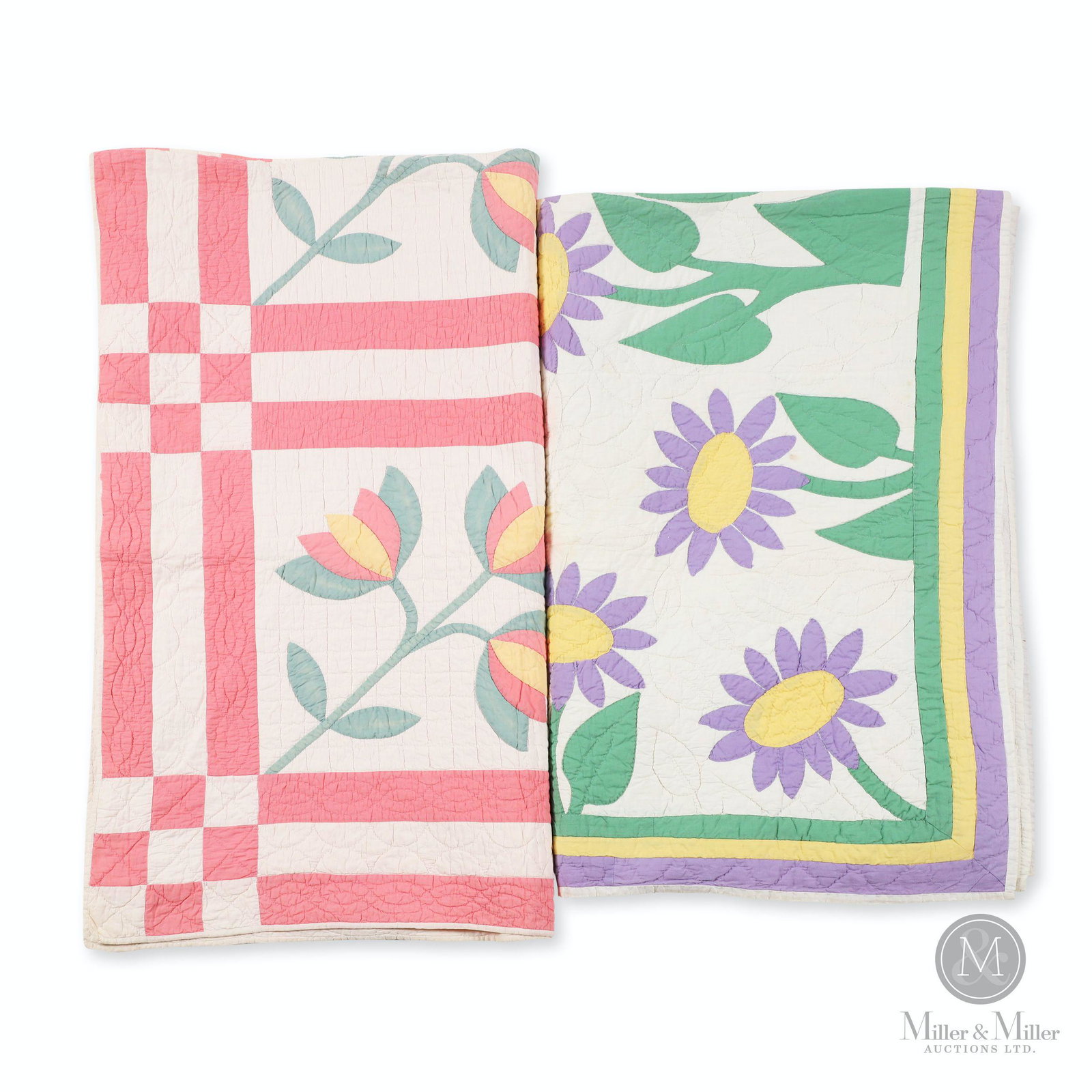 Mennonite Floral Pattern Quilts: Two (2). 1940s. Canadian. Features tulip and daisy pattern quilts. 74 x 64"; 78 x 73". John Wine Collection. CODE:TEX