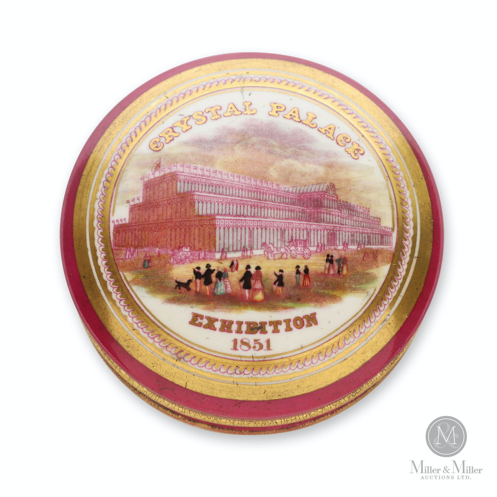 1851 Crystal Palace Souvenir Toothpaste Pot: English. 1851. Ceramic. Pot and lid marked, "3147" underside. 1.5 x 3.75" (diam). Pot exhibits minor internal stain. CODE:ARTP