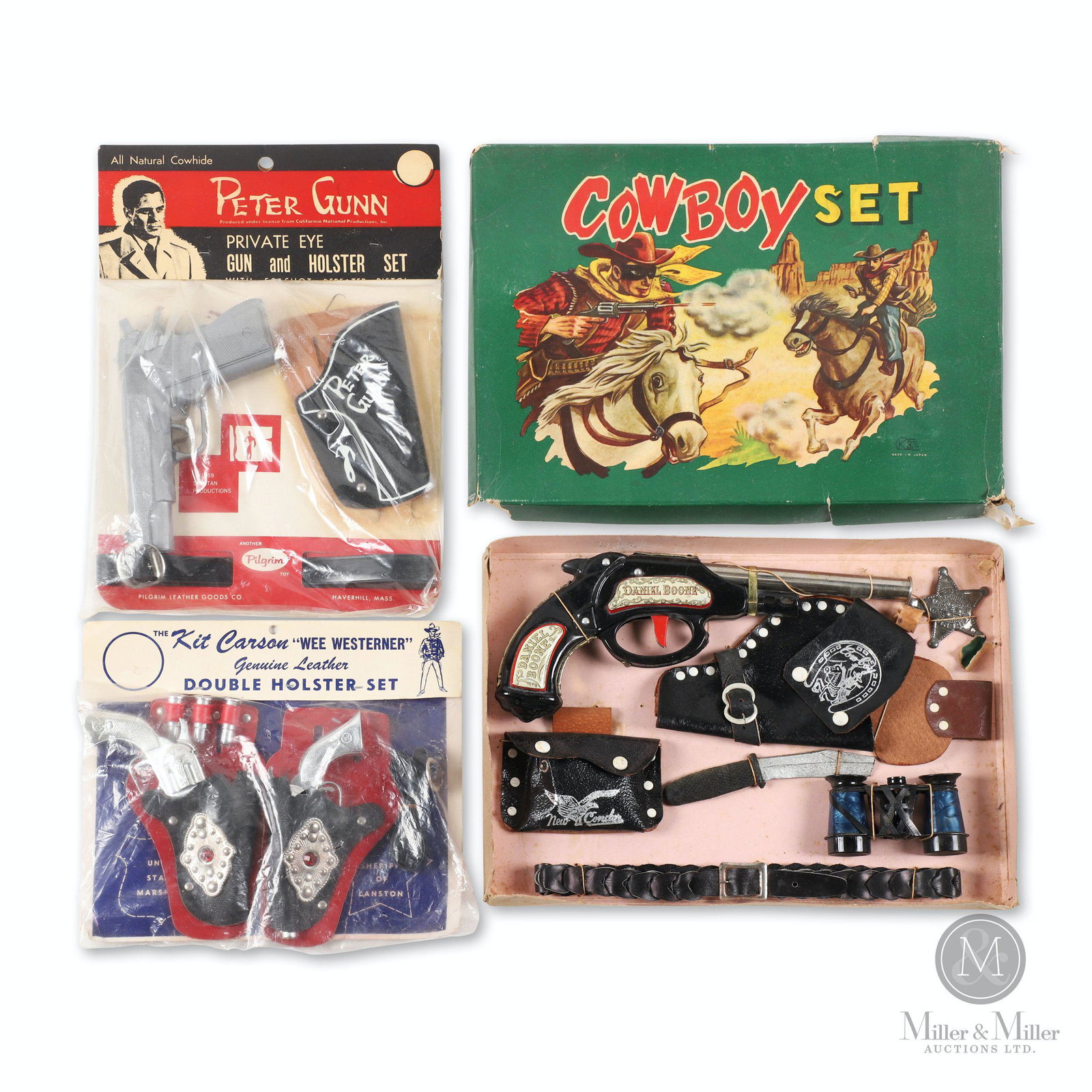 Boxed Toy Gun & Holster Sets: Three (3). American. 1950s. Includes: "Kit Carson", "Daniel Boone" and "Peter Gunn" sets. Marked, "Pilgrim Leather Goods Co." and "Made in Japan". Packages 9 to 13" (l). Cowboy set exhibits box wear i
