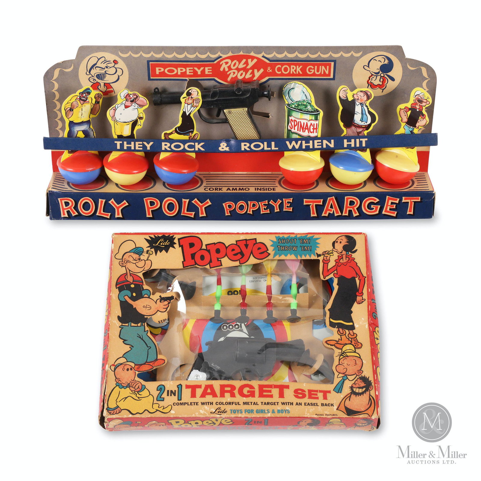 Knickerbocker & Lido, Popeye Target Shooting Sets: Two (2). American. 1950s. Lithographed cardboard, plastic. Each complete with gun, ammo and targets. Marked, "Knickerbocker North Hollywood, Calif" and "Lido". Boxes 13 to 19.5" (l). Exhibits puncture