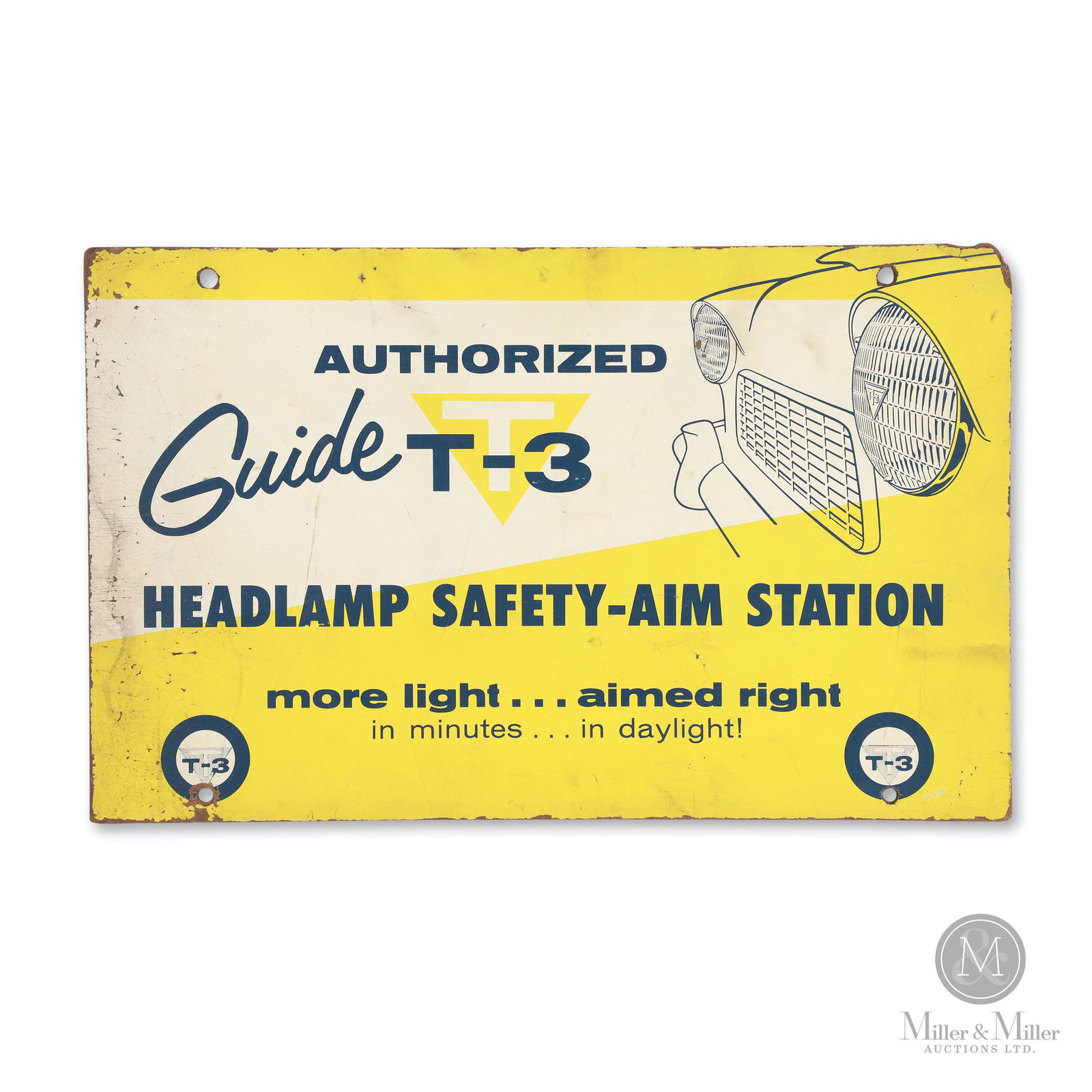 Guide GM T-3 Headlamp Aiming Station Sign: American. 1950s. Masonite. Single-sided masonite. 11.75 x 18.75". Exhibits minor to moderate impact to upper and lower right corners. Fine craze with minor surface losses at left edge.