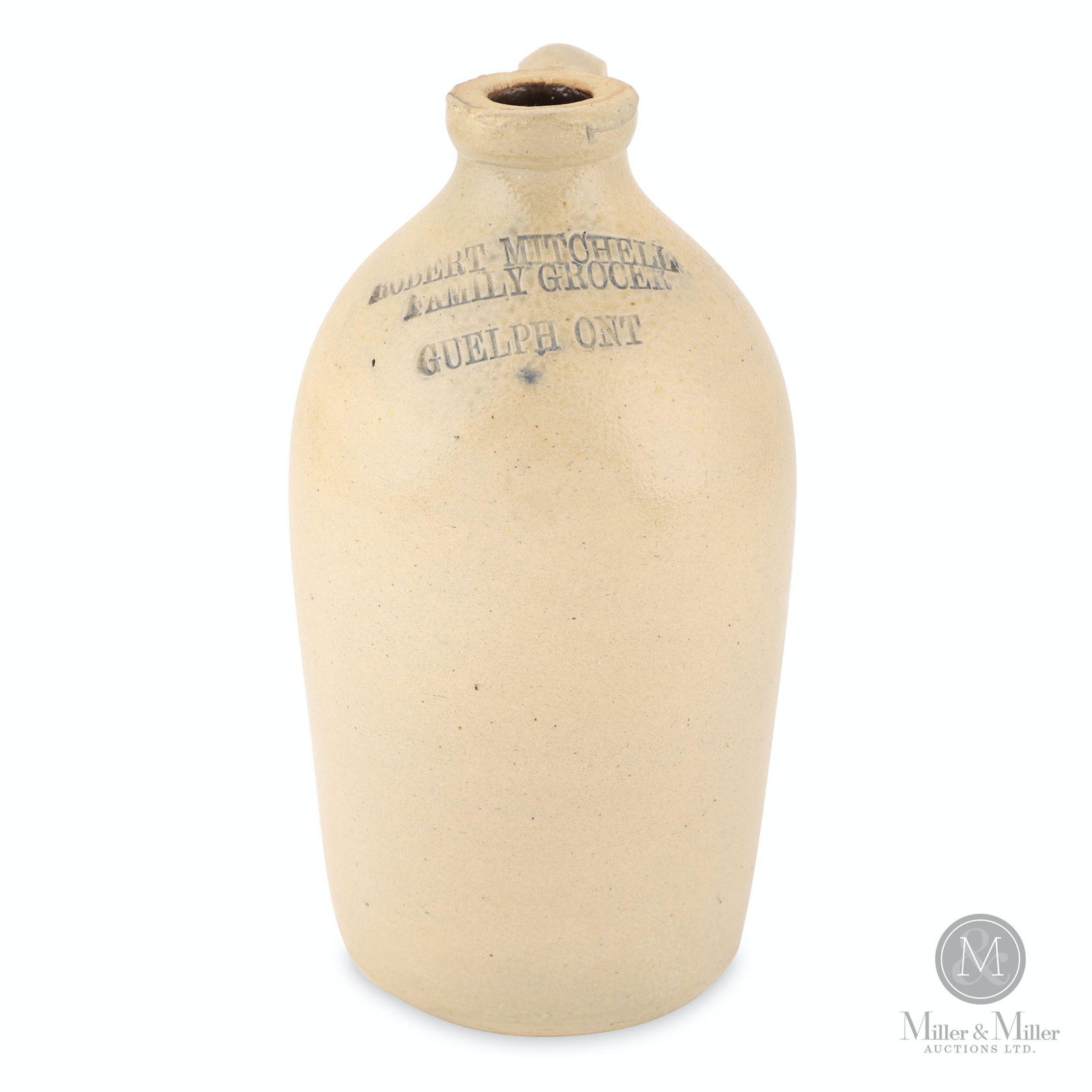 Robert Mitchell, Guelph 1/4 Gallon Jug: Debossed, "Robert Mitchell Family Grocer Guelph Ont". 9 x 4" (diam). A couple of very fine flakes and some slight nibbling/general wear exist on the top of the lip. There's a small flake off of the to