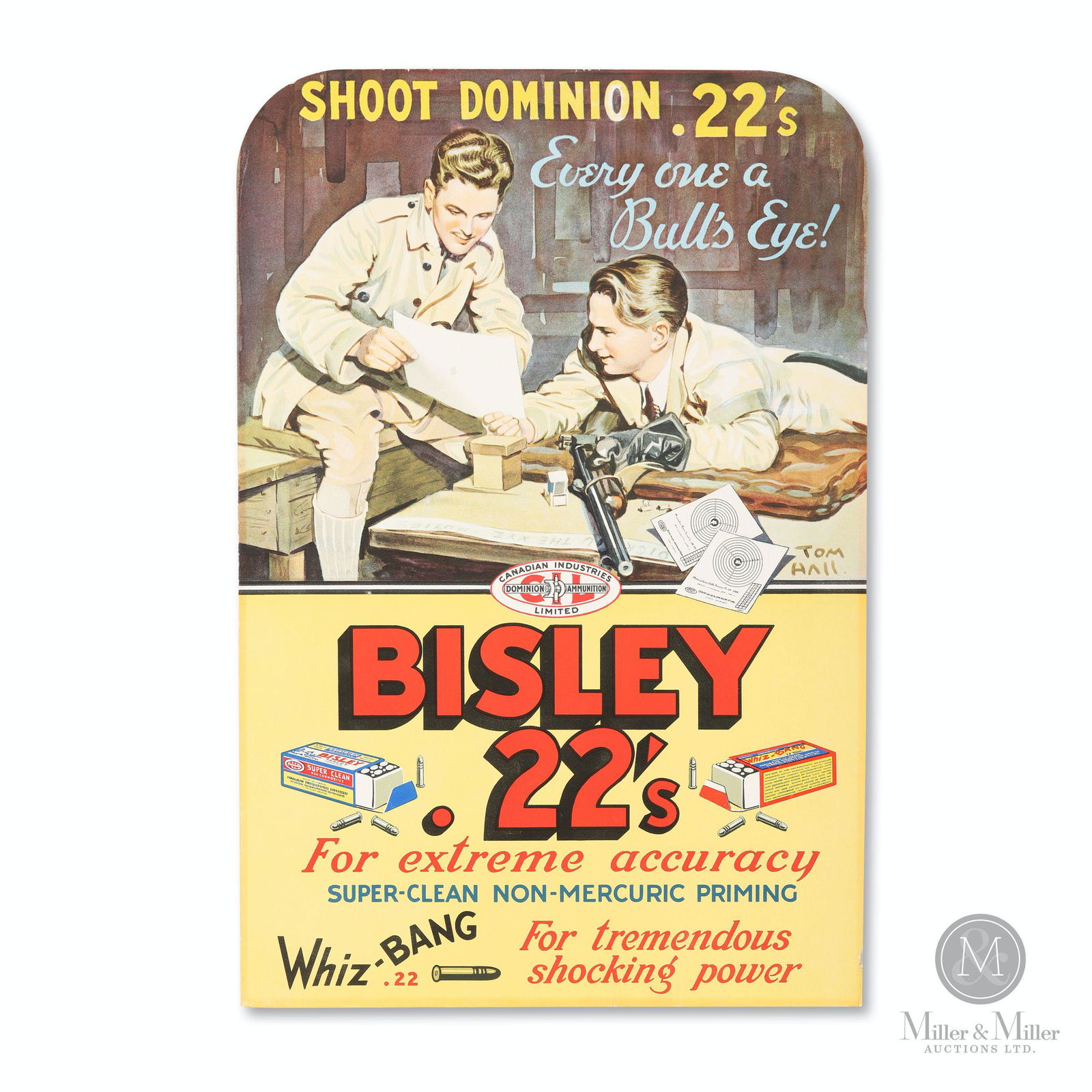 C-I-L Dominion Bisley .22's Cardboard Lithograph: Canadian. 1940s. Lithographed cardboard. Features artwork by illustration artist Tom Hall, signed lower right edge of image. 18 x 12". Exhibits minor uniform fade made evident by a thin band of discol