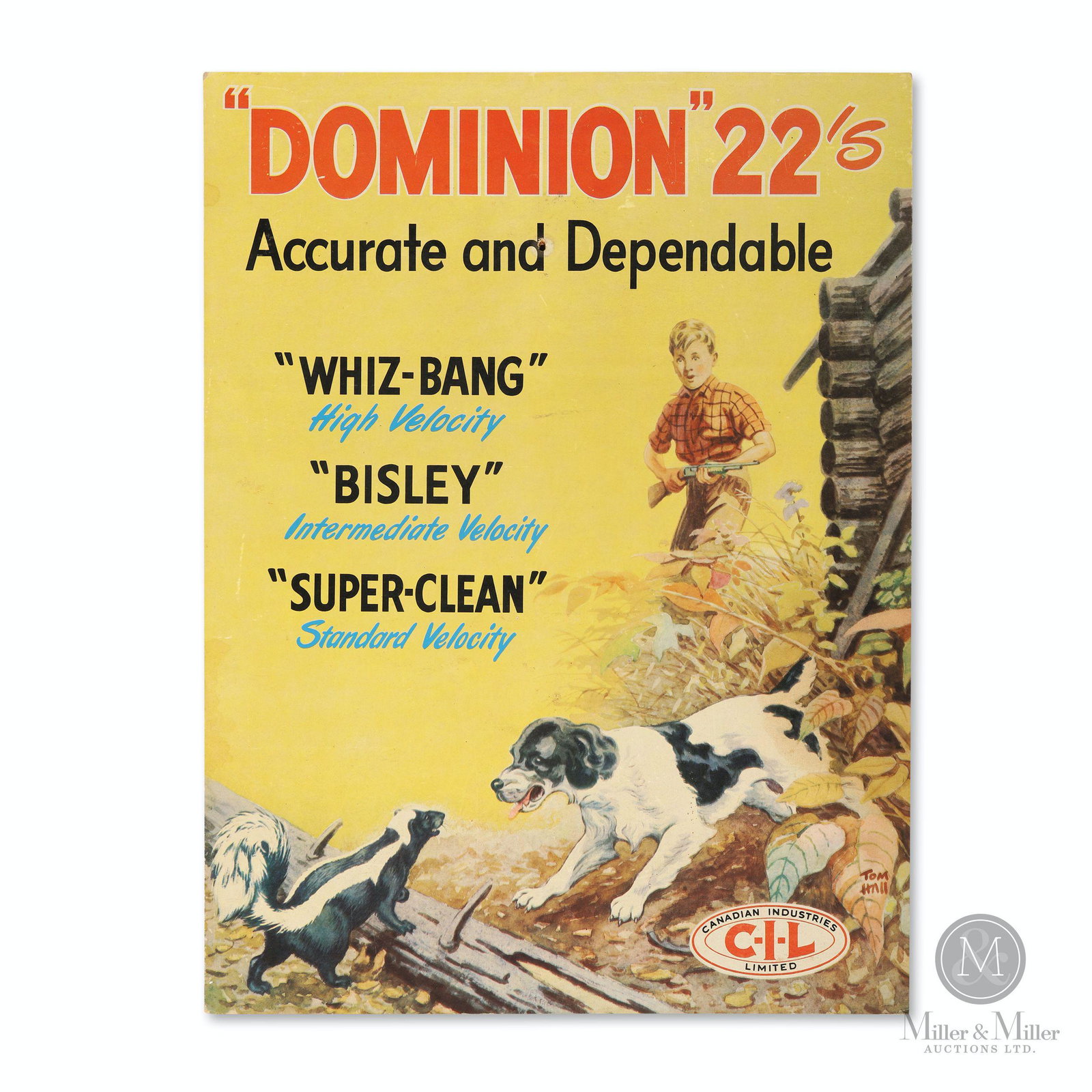 C-I-L Dominion "22's" Cardboard Lithograph: Canadian. 1940s. Lithographed cardboard. Artwork by Illustration artist Tom Hall, signed lower right corner. 20 x 15". Exhibits one hole through the center, upper quarter. Very minor uniform fade and 