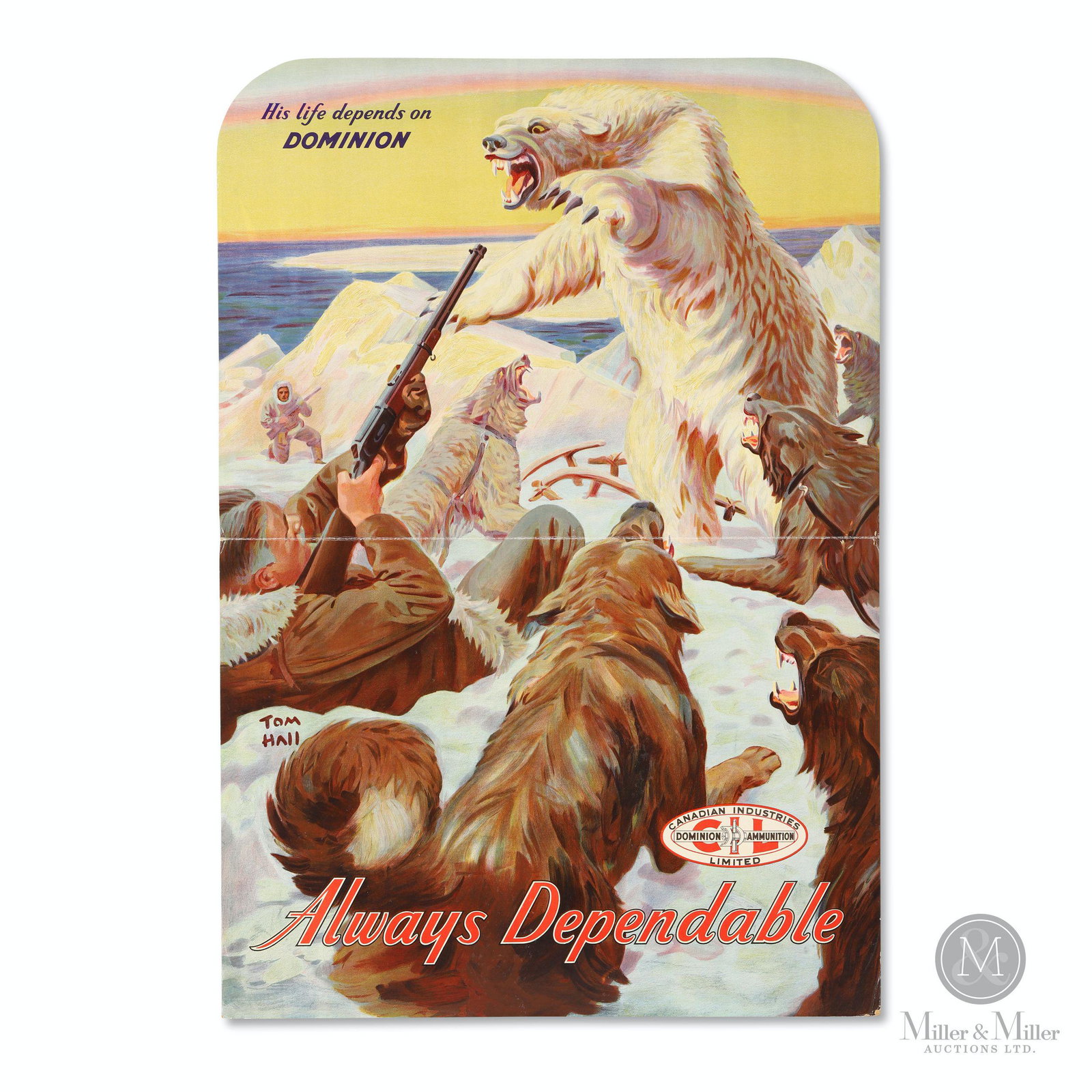 C-I-L Dominion Ammunition Cardboard Poster: Canadian. 1930s. Lithographed cardboard. 39 x 27". Artwork by illustration artist Tom Hall, signed lower left quarter of image. Features central, horizontal fold with easel back for countertop display