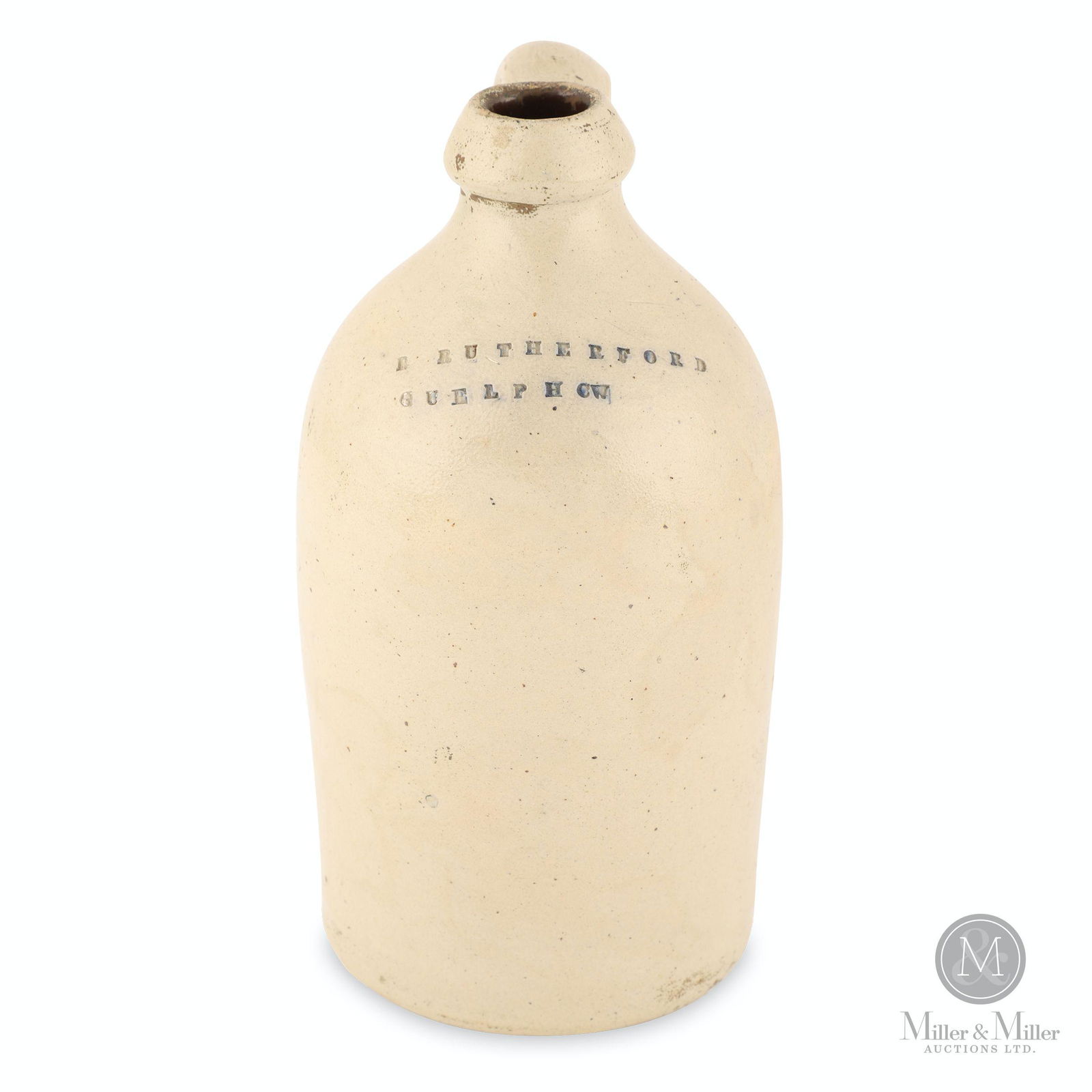 Robert Rutherford, Guelph C.W. 1/4 Gallon Jug: Debossed, "R. Rutherford, Guelph CW". 8.5 x 4" (diam). A tiny flake along with a fine barely noticeable hairline exists on the base of the jug to the right of center. Above that by 3" and just slightl