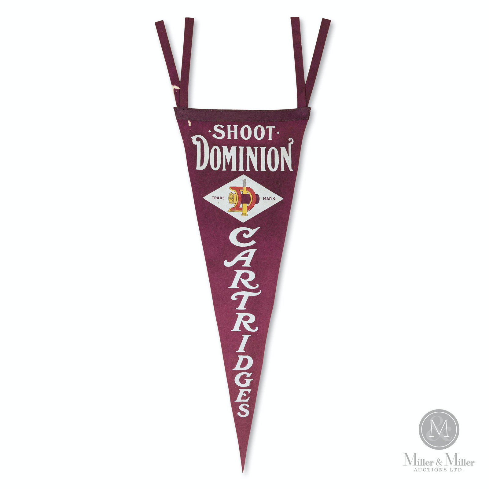 Dominion Cartridge Co. Pennant: Canadian. 1910s. Screened felt. 37 x 14". Exhibits minor moth damage at upper left edge and to ties. Scattered minor pinholes at tip.