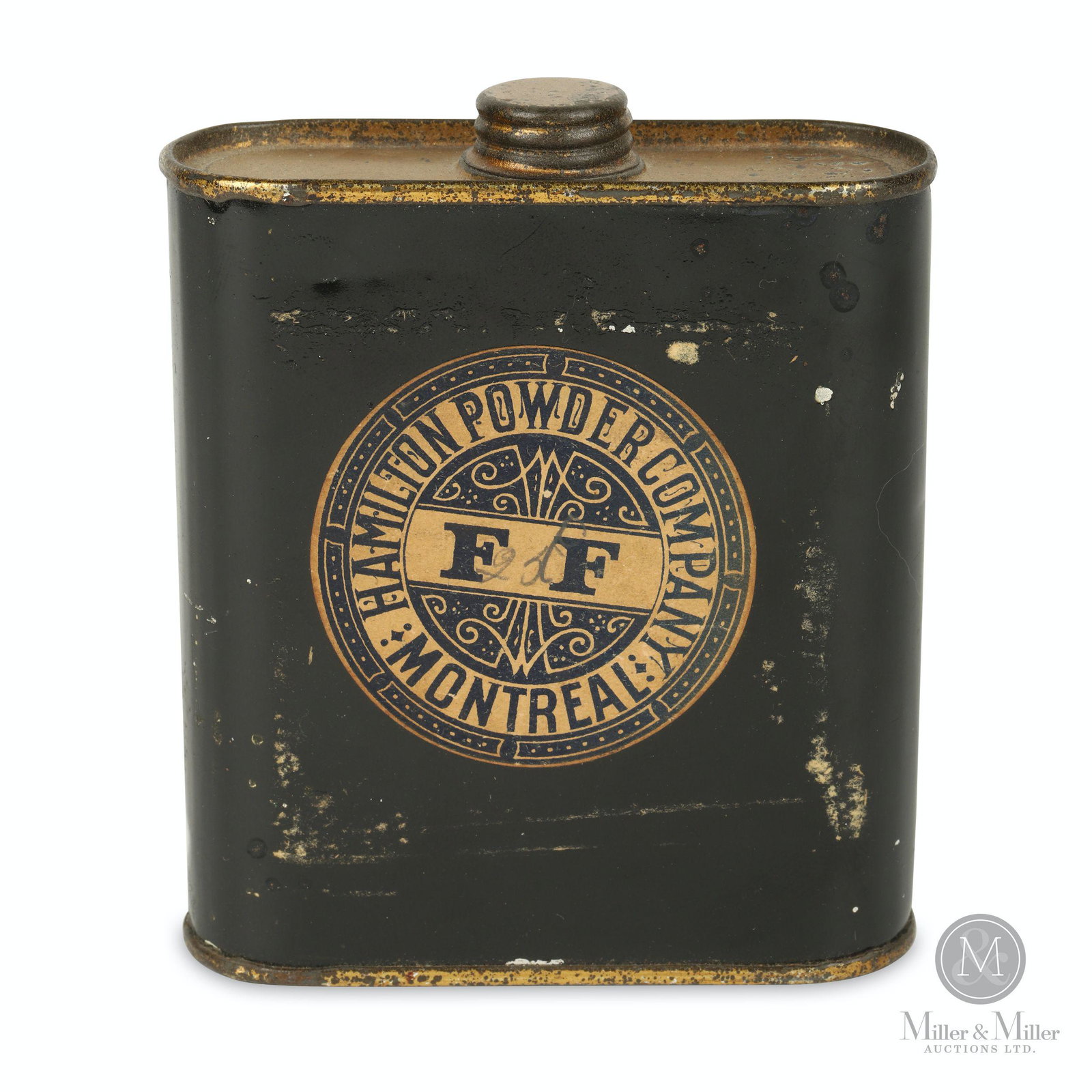 Hamilton Powder Co., "FF" 1/2lb Tin: Canadian. 1874-1910. Tin with applied paper label. Label marked â€œHamilton Powder Company â€˜FFâ€™ Montreal”. 6 x 4 x 1.25”. Exhibits moderate surface oxidation at Centre and