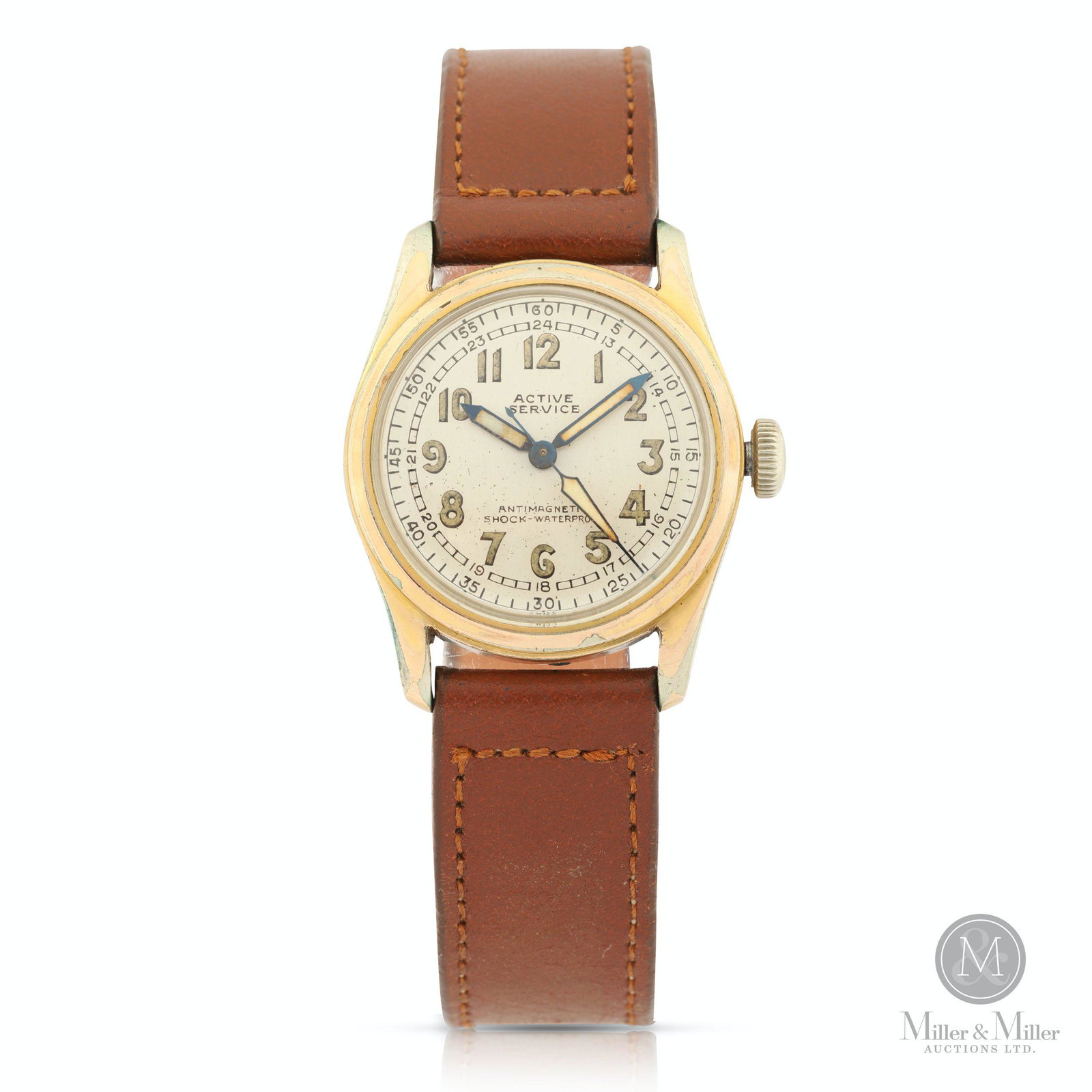 Brevet, WWII-Era "Active Service": Swiss. 1940s. Gold filled case, leather strap. Luminous hands and arabic hour markers. Movement serial no. 797348. 28mm case diameter. Running sluggishly, runs and stops.
