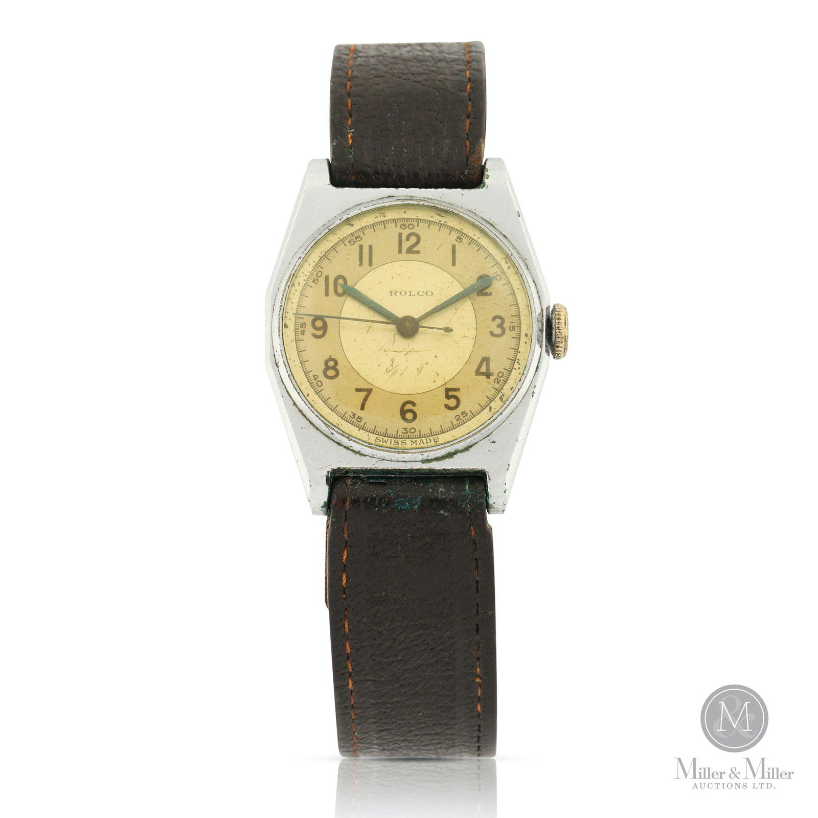 Rolex, Early "Rolco": Swiss. 1930s. Stainless steel. Features sweep center seconds hand. Movement marked, "15 Jewels Swiss Made Rolco". Inner caseback stamped, "RWC Ltd. Stainless Steel Back". 28mm case diameter. After win