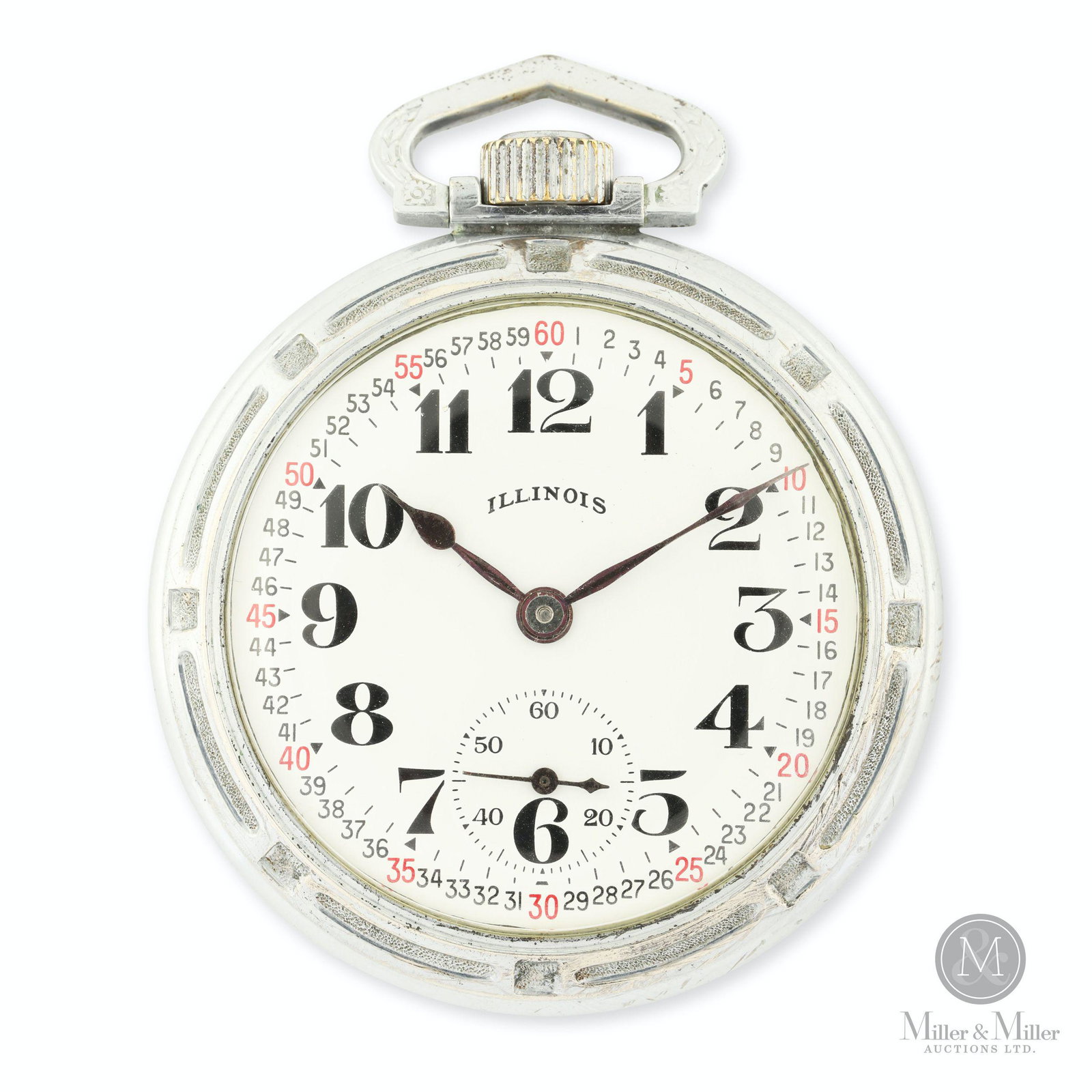 Illinois, 16S 21J "Bunn Special": American. Nickel silver case. Lever set. Features caseback engraved with locomotive. Movement marked, "Bunn Special Illinois Watch Co. Springfield Adjusted Temp. and Six Positions 21 Jewels 3595494". 