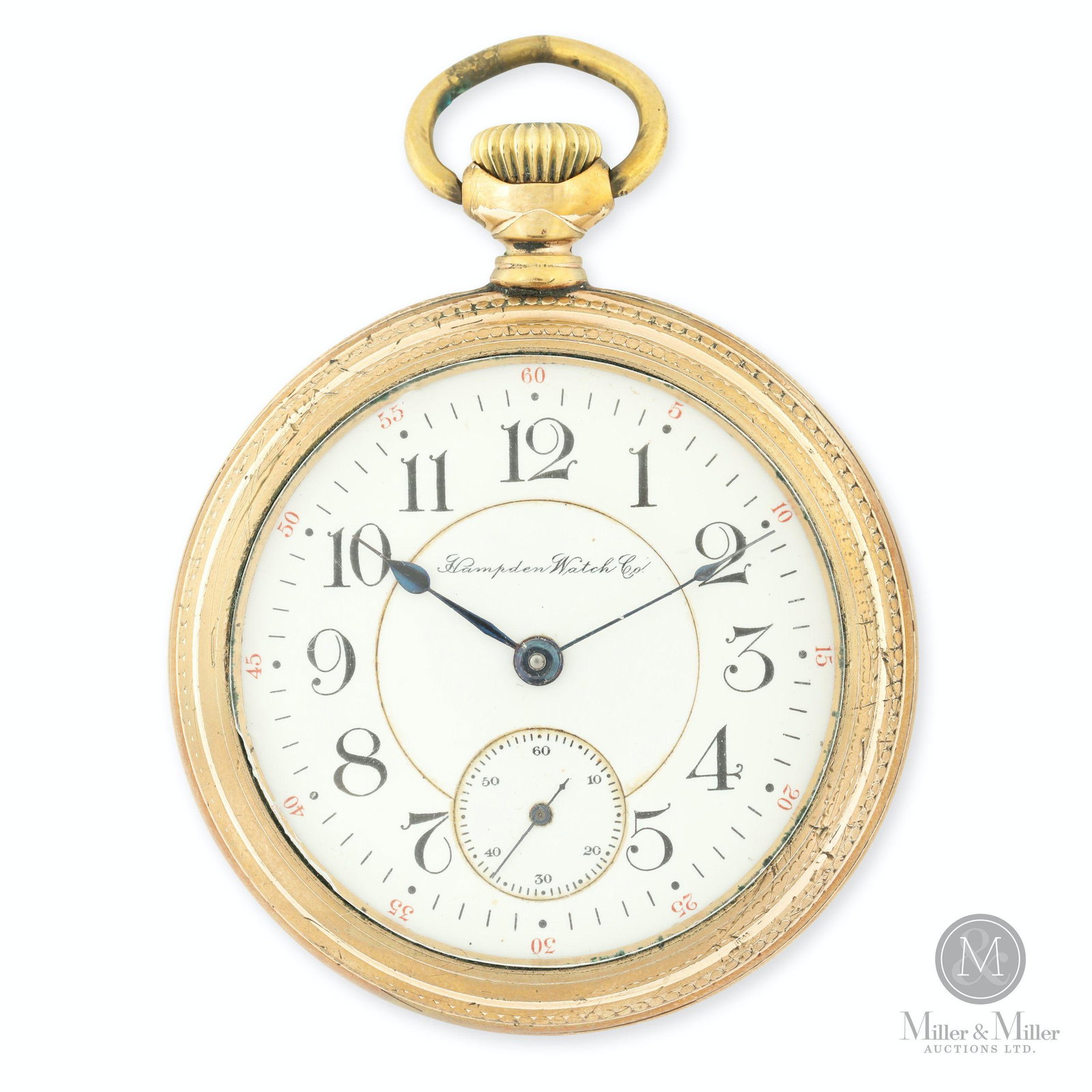 Hampden Watch Co., 18S 17J "New Railway": American. Gold filled case. Lever set. Movement marked, "New Railway 1335398 Safety Pinion Adjusted 17 Jewels Canton, Ohio.". 18 size. After winding, watch was found to be running at the time of catal