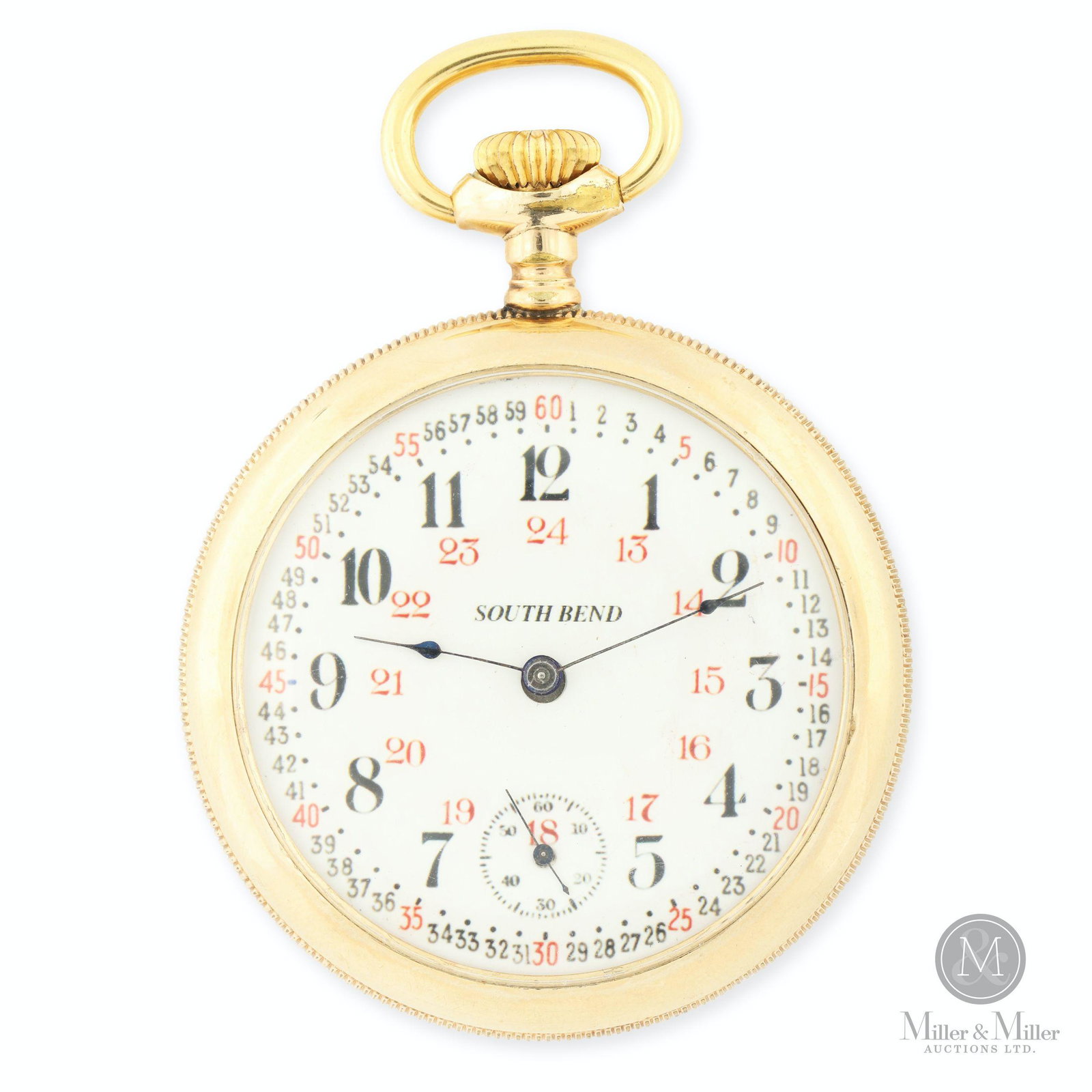 South Bend Watch Co., 16S 17J: American. Gold filled case. Lever set. Movement marked, "415312 South Bend Watch Co. Ind. U.S.A. 17 Jewels Safety Pinion Adjusted". 16 size. After winding, watch was found to be running at the time of
