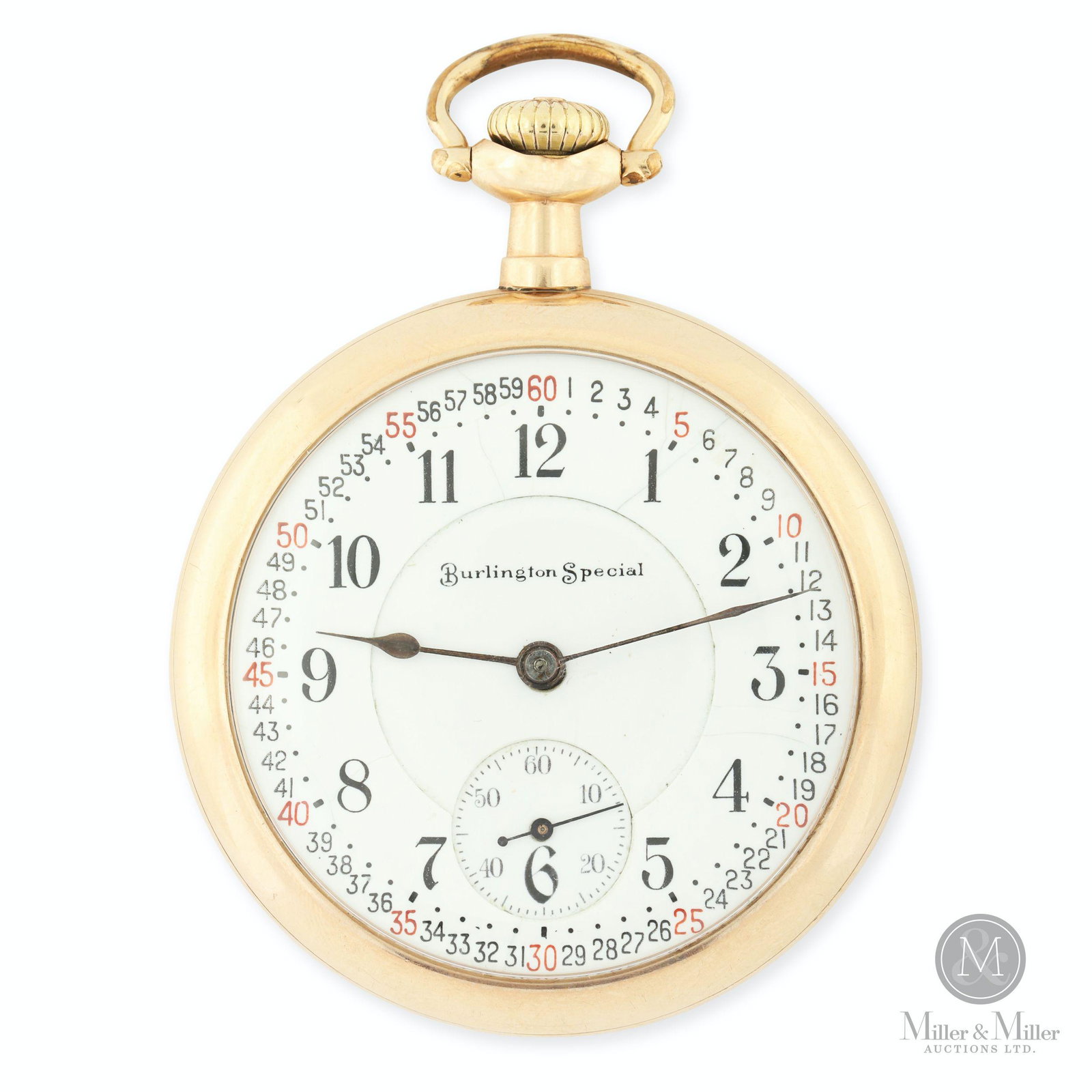 Burlington Watch Co.,16S 19J "Special": American. Gold filled case. Lever set. Includes gold filled chain. Exhibits moderate brassing to caseback. Movement marked, "Burlington Watch Co Chicago 19 Jewels Adjusted Safety Pinion Temperature an