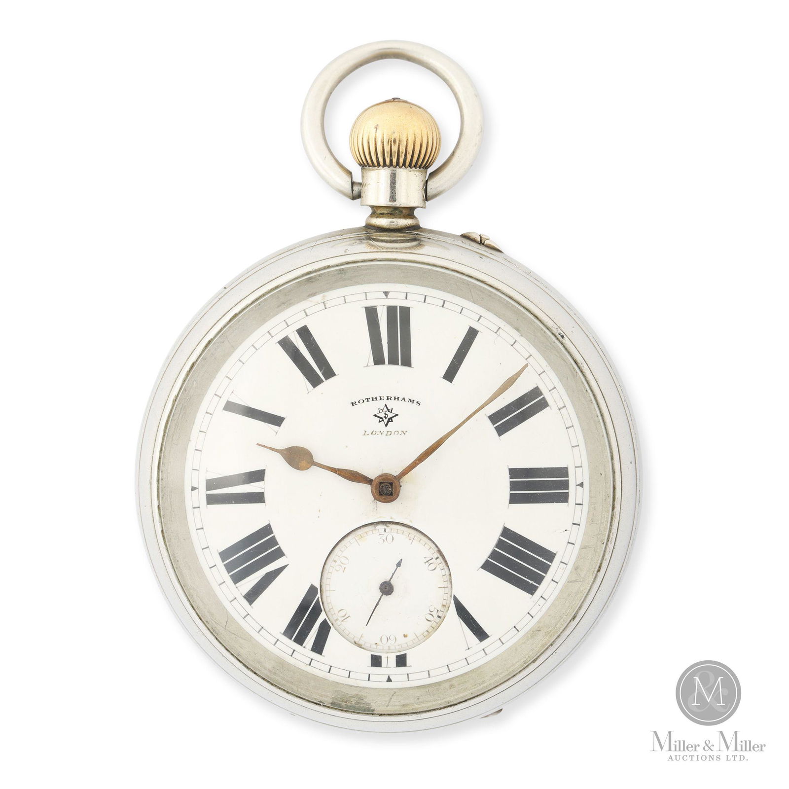 Rotherham London, Coin Silver: English. Coin silver case. Movement serial no. 215172, case marked, "MLO 39". 58mm case diameter. After winding, watch was found to be running at the time of cataloguing. It has not been tested for ti