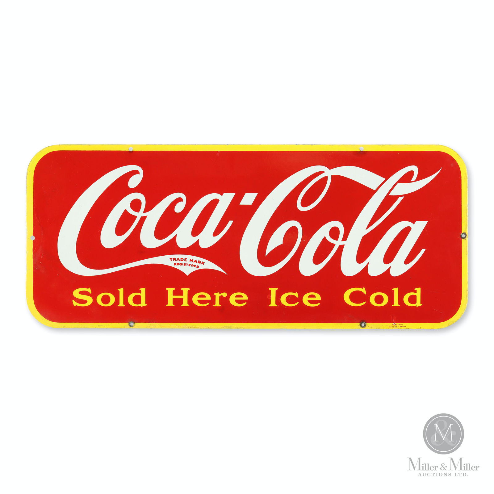 Coca-Cola Door Porcelain Door Kick Sign: Canadian. 1941. Porcelain. Marked, "Vilas (1941) Made in Canada". 29 1/4 x 12 1/4". Numerous areas of porcelain loss in the yellow border have been painted over. Amateur repair/replacement and repaint