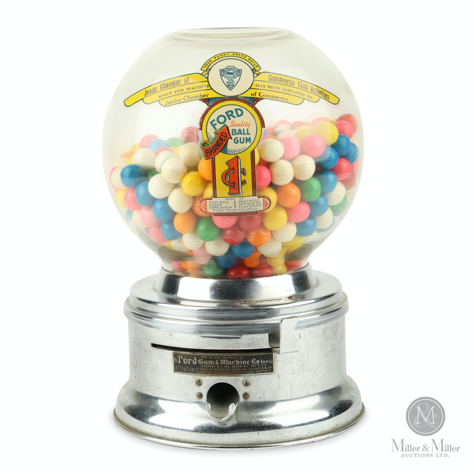 Ford Countertop Gumball Vendor: Canadian. 1950s. Nickle plated base with glass gumball globe. Retains original lock and key. Tagged, "Mfd by and Property of Ford Gum & Machine Co. Inc. Lockport N.Y & Akron N.Y". 11 x 7" (diam). Mino