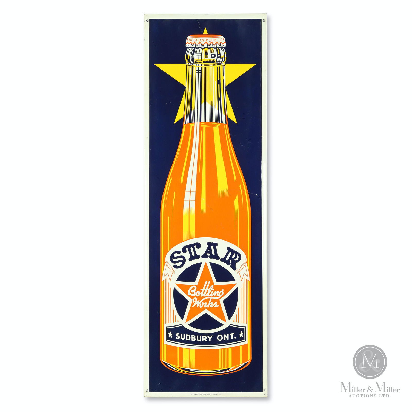 Star Bottling Works, Sudbury Tin Litho Sign: Canadian. 1940s. Lithographed tin. Marked, "St, Thomas Metal Signs, LTD., St. Thomas, Ont." bottom center. 35 1/4 x 11 1/4". A few fine scratches exist primarily in the centre and top of the sign. Sev
