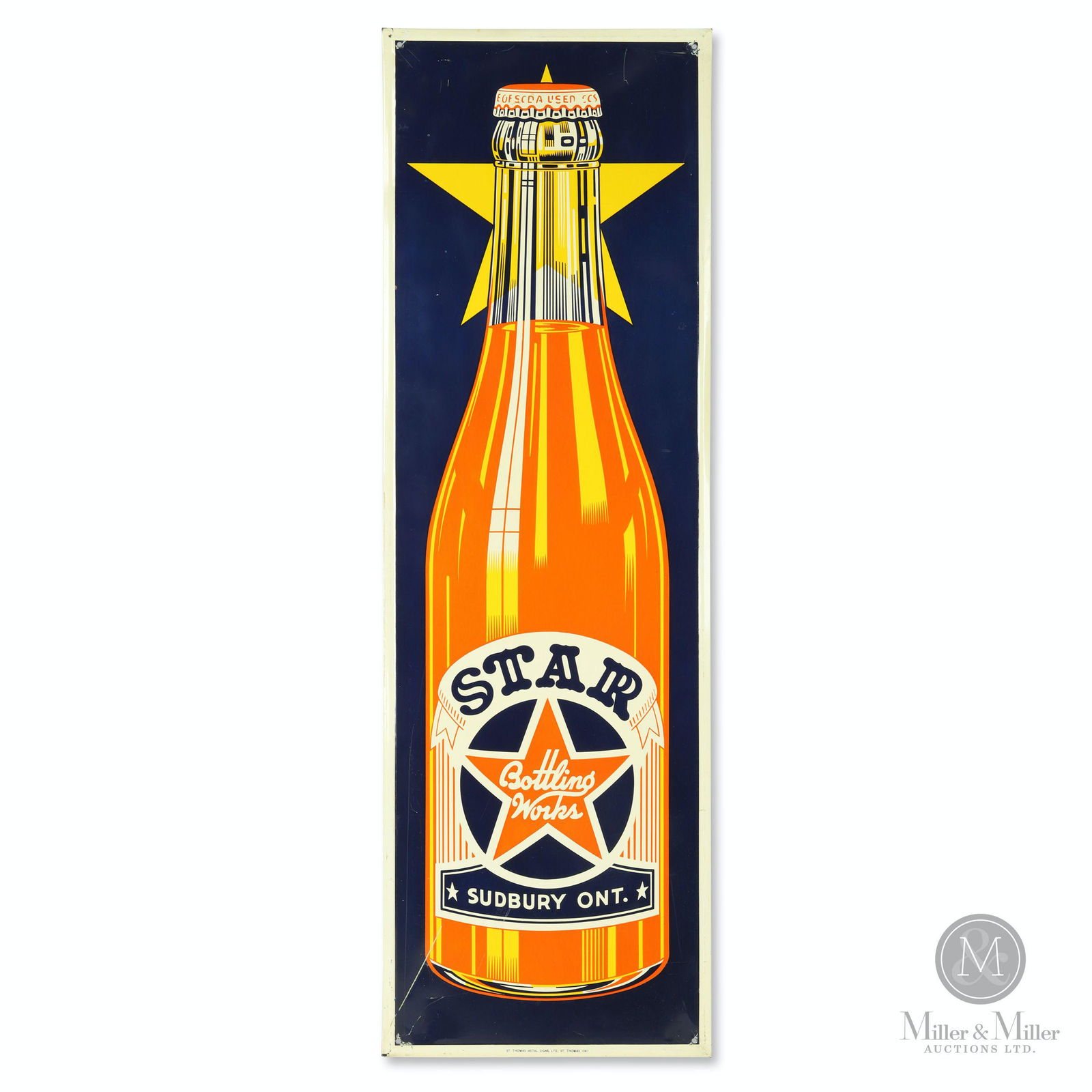 Star Bottling Works, Sudbury Tin Litho Sign: Canadian. 1940s. Lithographed tin. Marked, "St. Thomas Metal Signs Ltd. St. Thomas, Ont.". 35 1/4 x 11 1/4". Scratches evident in upper & lower quarters. Paint loss and slight impressions around mount