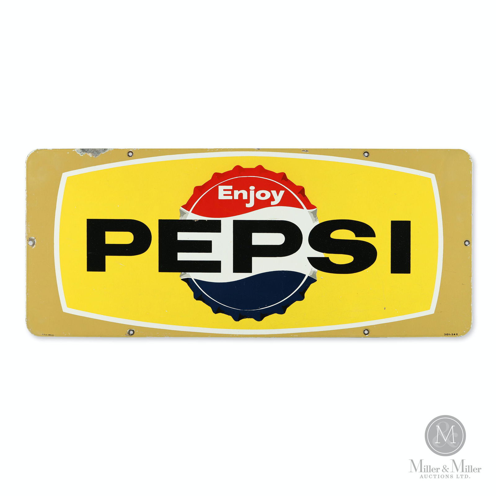 Pepsi-Cola Porcelain Kick Plate Sign: Canadian. 1950s. Porcelain. Single-sided porcelain. Marked, "P&M Orillia 301-24 E" lower left and right edge. 12 1/4 x 29 1/4". Exhibits minor porcelain loss at upper left edge and surrounding left si