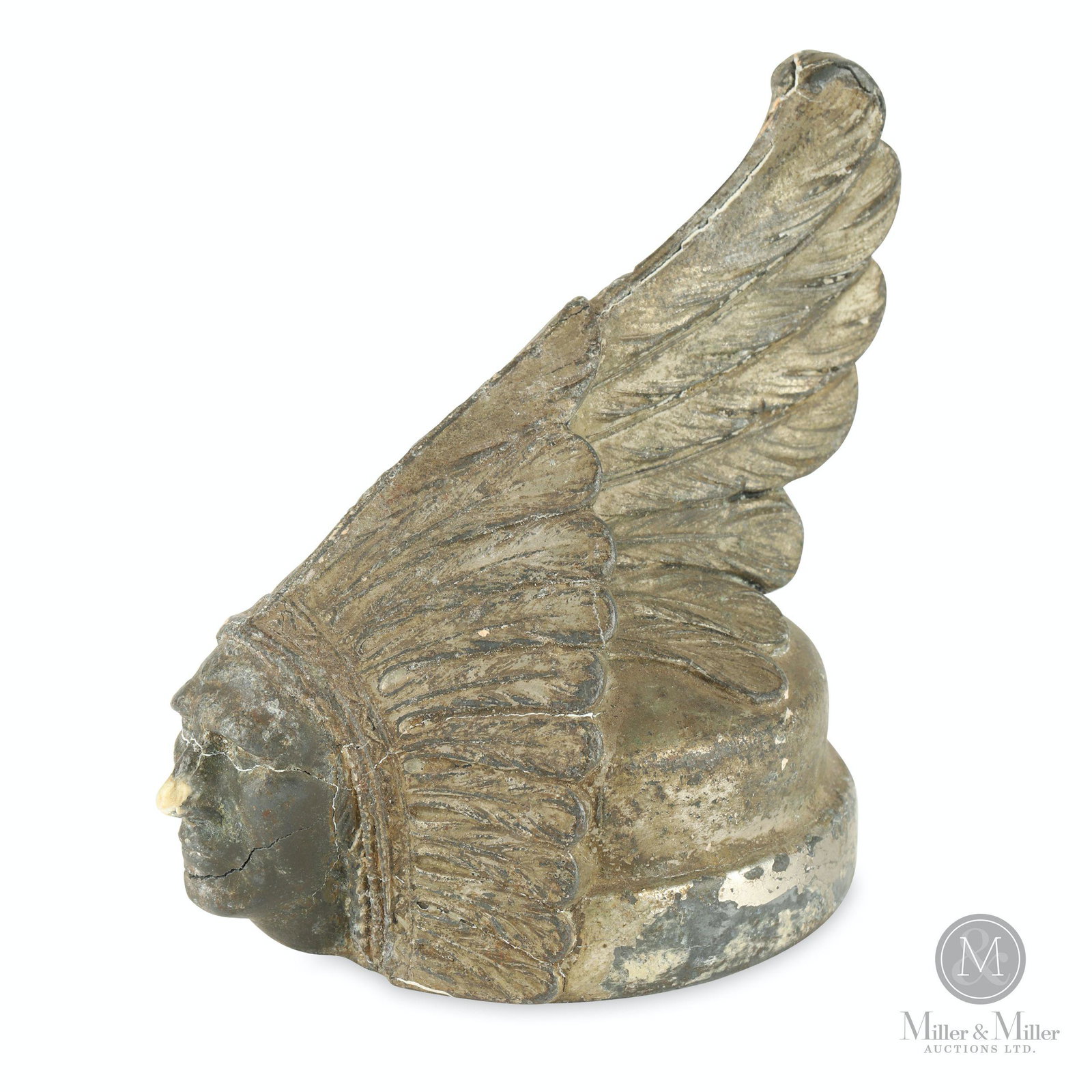 1927 Pontiac Hood Ornament: American. 1927. Nickel plated base metal. Figural rad cap. Marked, "Ternstedt Manufacturing Co., Detroit, U.S.A" inside. 3 1/2 x 3 1/2 x 2 3/4". Exhibits near complete loss from the nickel surface. Lo