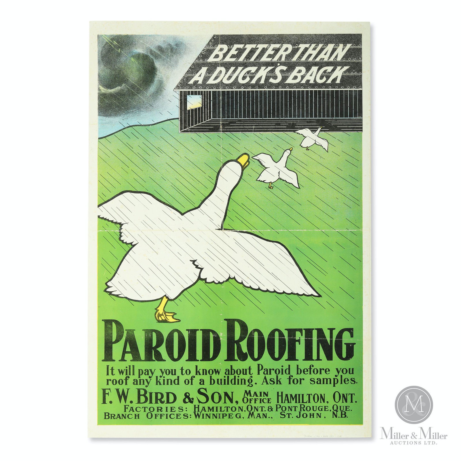 F. W. Bird & Son "Paroid Roofing" Lithograph: Canadian. 1909. Lithographed paper. "Duncan Litho - Hamilton 1909" written in pencil, bottom right. 25 1/2 x 17 1/4". Exhibits central vertical and horizontal creases from having been folded into quar