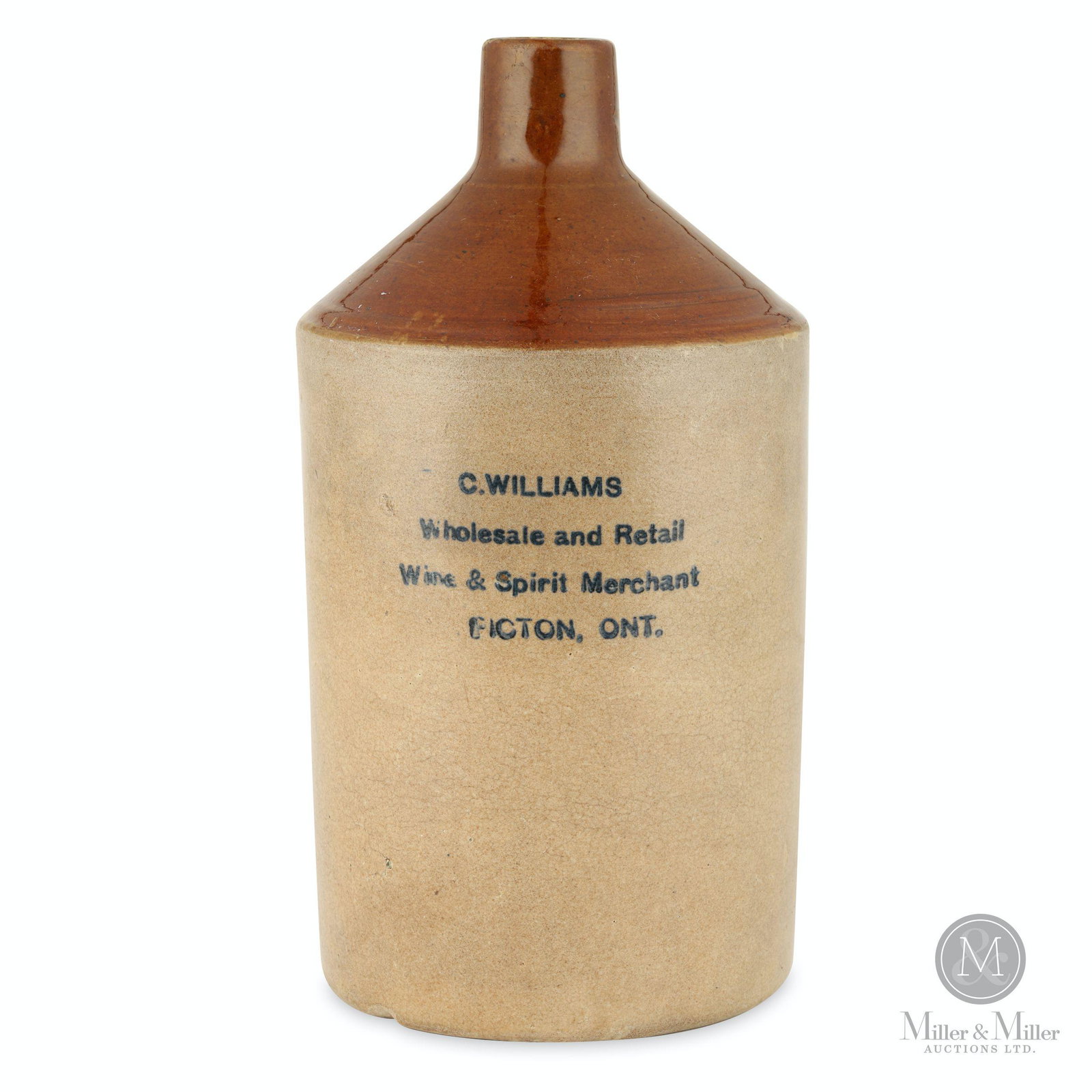 C. Williams, Picton 1/4 Gal Jug: Canadian. Stoneware. Marked, "C. Williams Wholesale and Retail Wine & Spirit Merchant Picton, Ont." upper face. 9 x 4 1/2" (diam). What appears to look like a couple of chips in the base were likely c