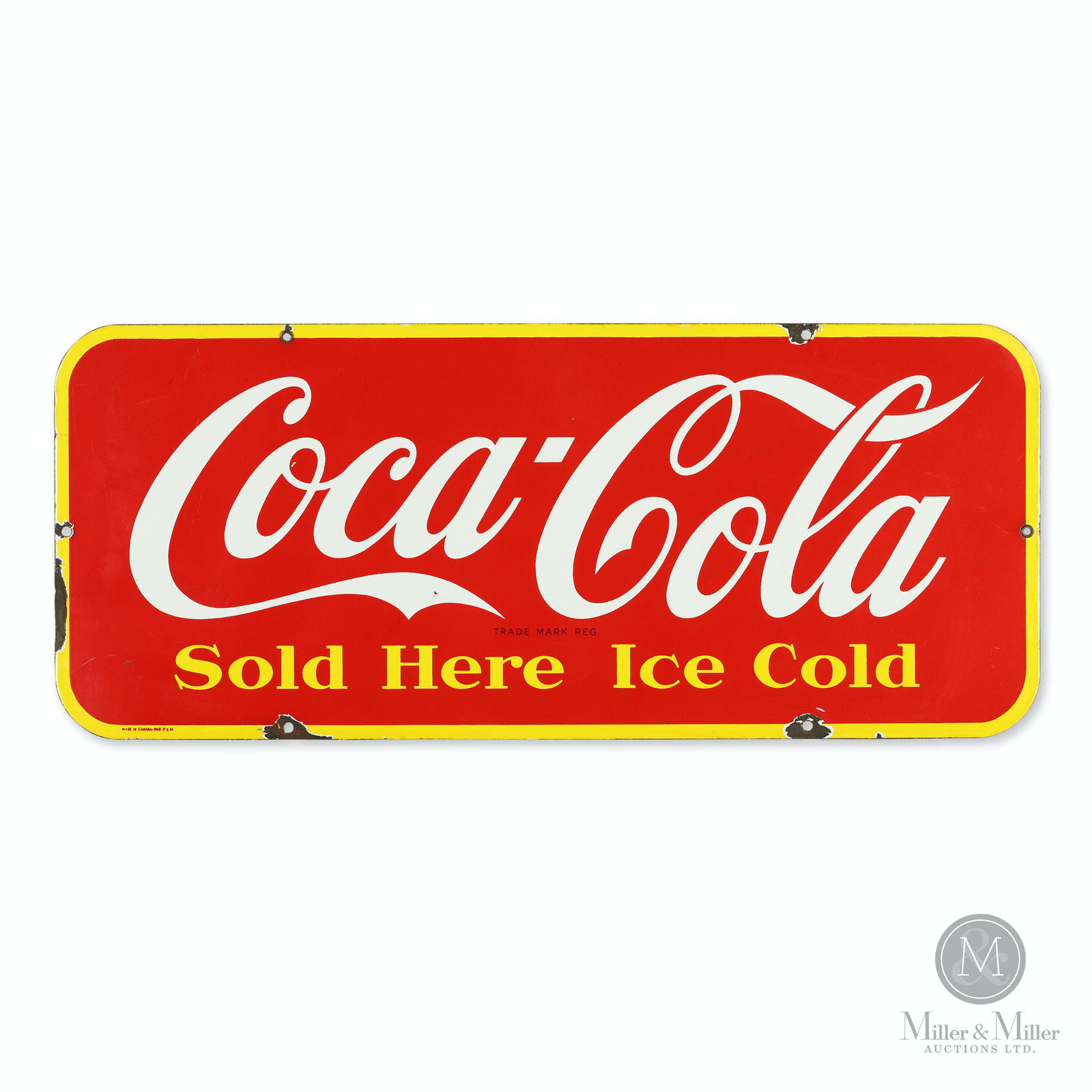 Coca-Cola Porcelain Kick Plate Sign: Canadian. 1948. Porcelain. Single-sided porcelain. Marked, "Made in Canada 1948 - P&M" lower left edge. 12 1/4 x 29 1/4". Exhibits minor porcelain losses surrounding the mounting holes and at extreme