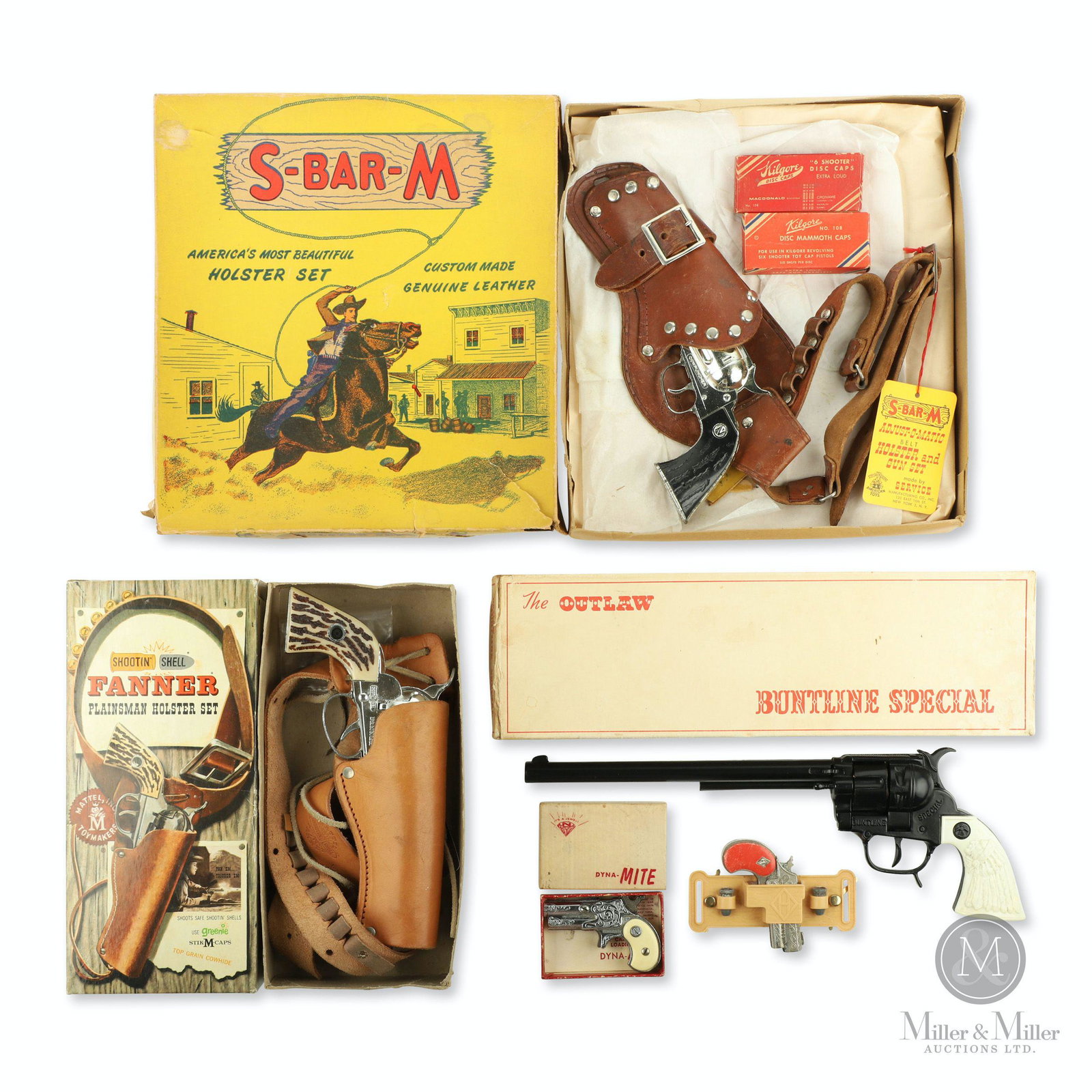 Boxed Toy Cap Gun & Holster Sets: Five (5). English, American. 1950s. Diecast metal guns with plastic components. Includes: Wyatt Earp "The Buntline Special" 1959 by BCM England (Boxed), S-Bar-M Gun/Holster Set in box, 1955, by Fanner