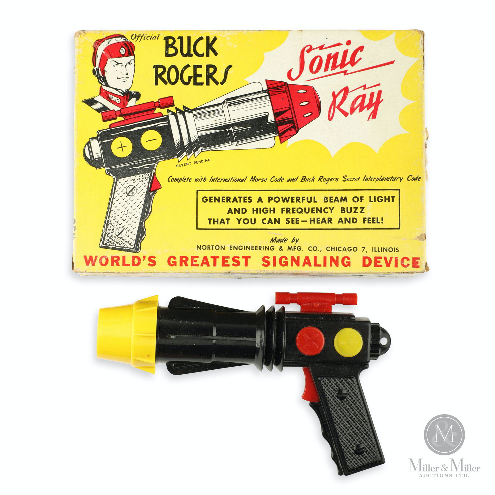 Norton, Buck Rogers Sonic Ray Signal Gun: American. 1940s. Plastic. Marked, "Norton Engineering & Manufacturing Co., Chicago 7, Illinois". 2 x 8 1/2 x 6" (box). Includes original box and instructions. CODE:TOY Bryan Beatty collection.