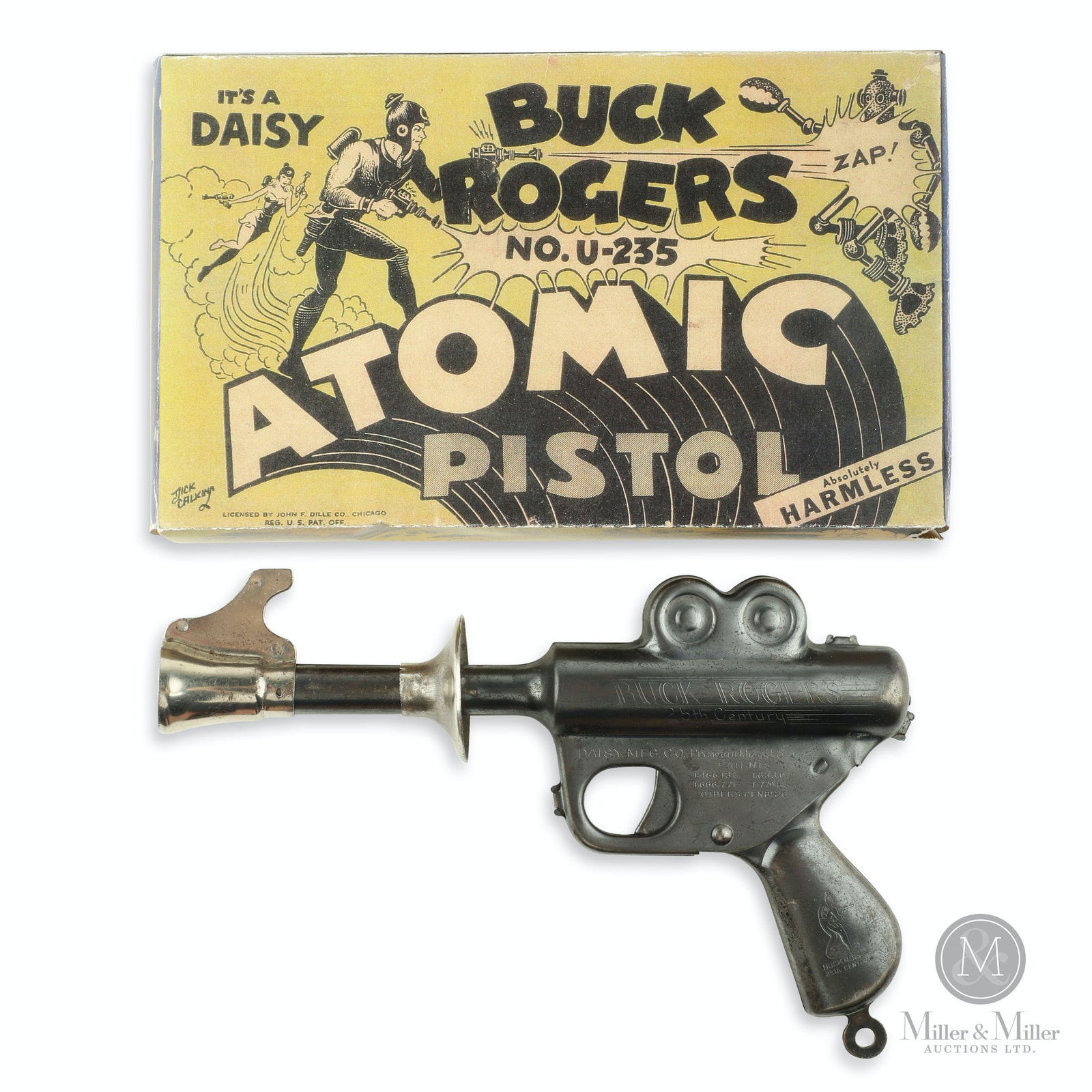 Daisy Mfg, Buck Rogers U-235 Space Gun: American. 1930s. Pressed steel. Stamped, "Daisy Mfg Co. Plymouth Mich, U.S.A". 2 x 6 x 10" (box). Reproduction box. Exhibits very minor surface oxidation. CODE:TOY Bryan Beatty collection.