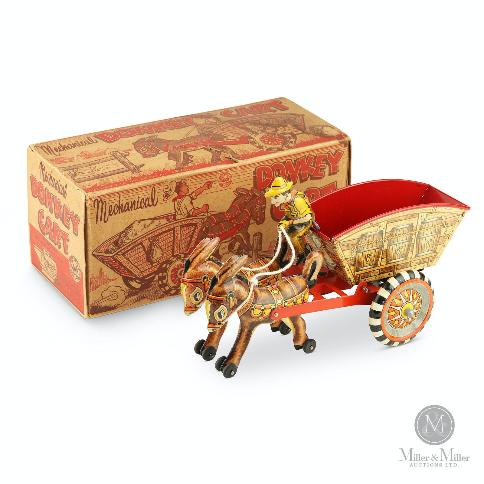 Marx, Mechanical Donkey Cart Toy: American. 1950s. Lithographed tin. With original box. 6 x 10 1/4 x 4 1/2" (toy), 4 1/2 x 10 1/4 x 4 1/2" (box). CODE:TOY