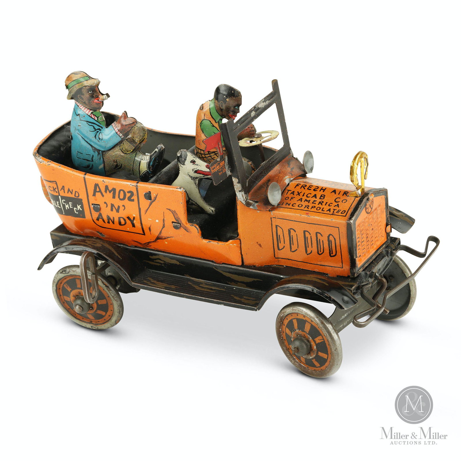 Marx, Amos 'N' Andy Fresh Air Taxicab" Tin Litho Toy: American. 1930's. Lithographed tin. Mechanically functioning. Marked, "Louis Marx & Co. New York U.S.A.", rear of cab. 5 1/4 x 7 3/4 x 4". Exhibits a few very minor areas of paint loss and oxidation. 