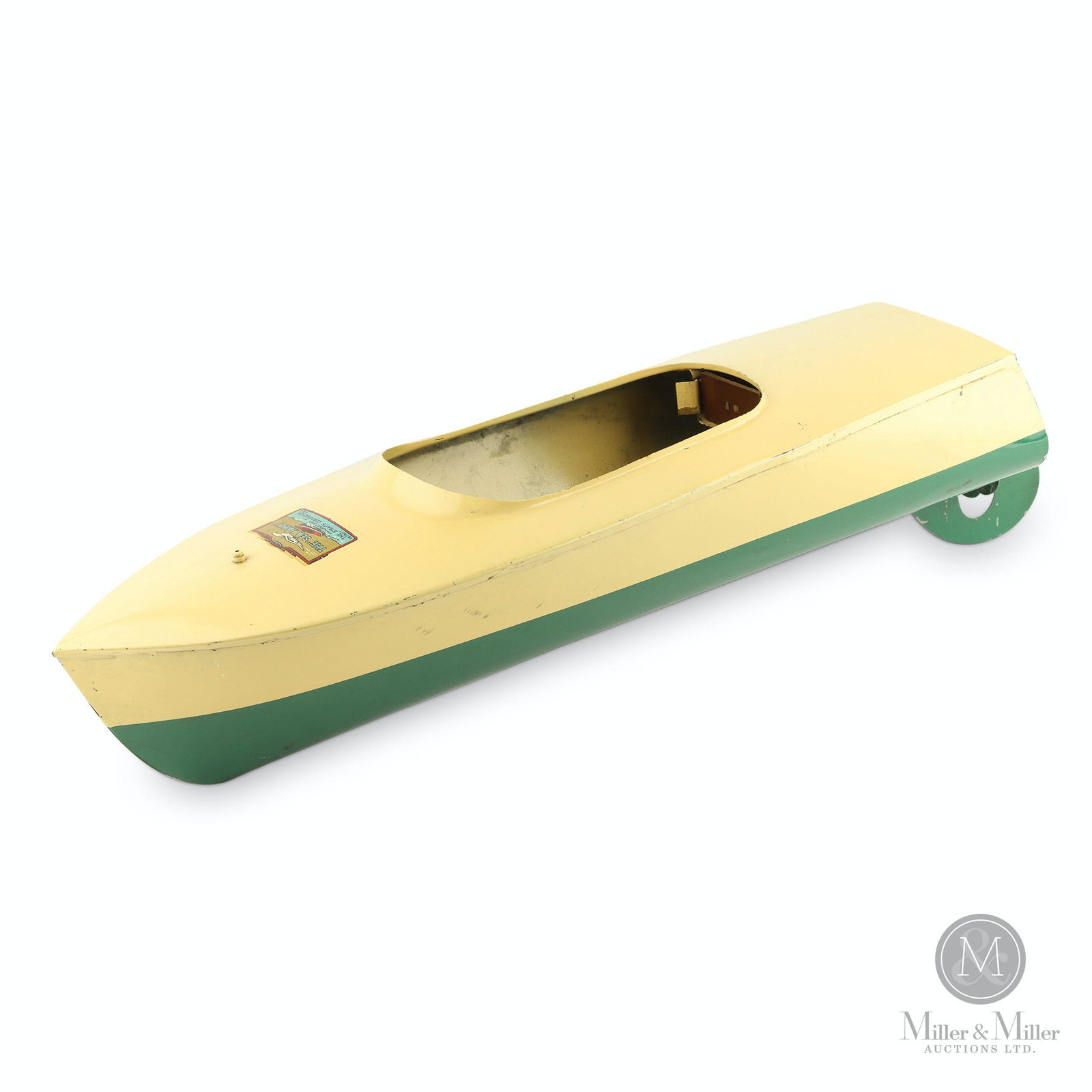 Straights Corp., Seahawk Battery-Op Speedboat: American. 1940s. Pressed Steel. Decalled, "The Sea Hawk Manufactured by the Straits Corporation Detroit, U.S.A". 6 x 19 1/2 x 6". Untested for functionality. CODE:TOY Bryan Beatty collection.