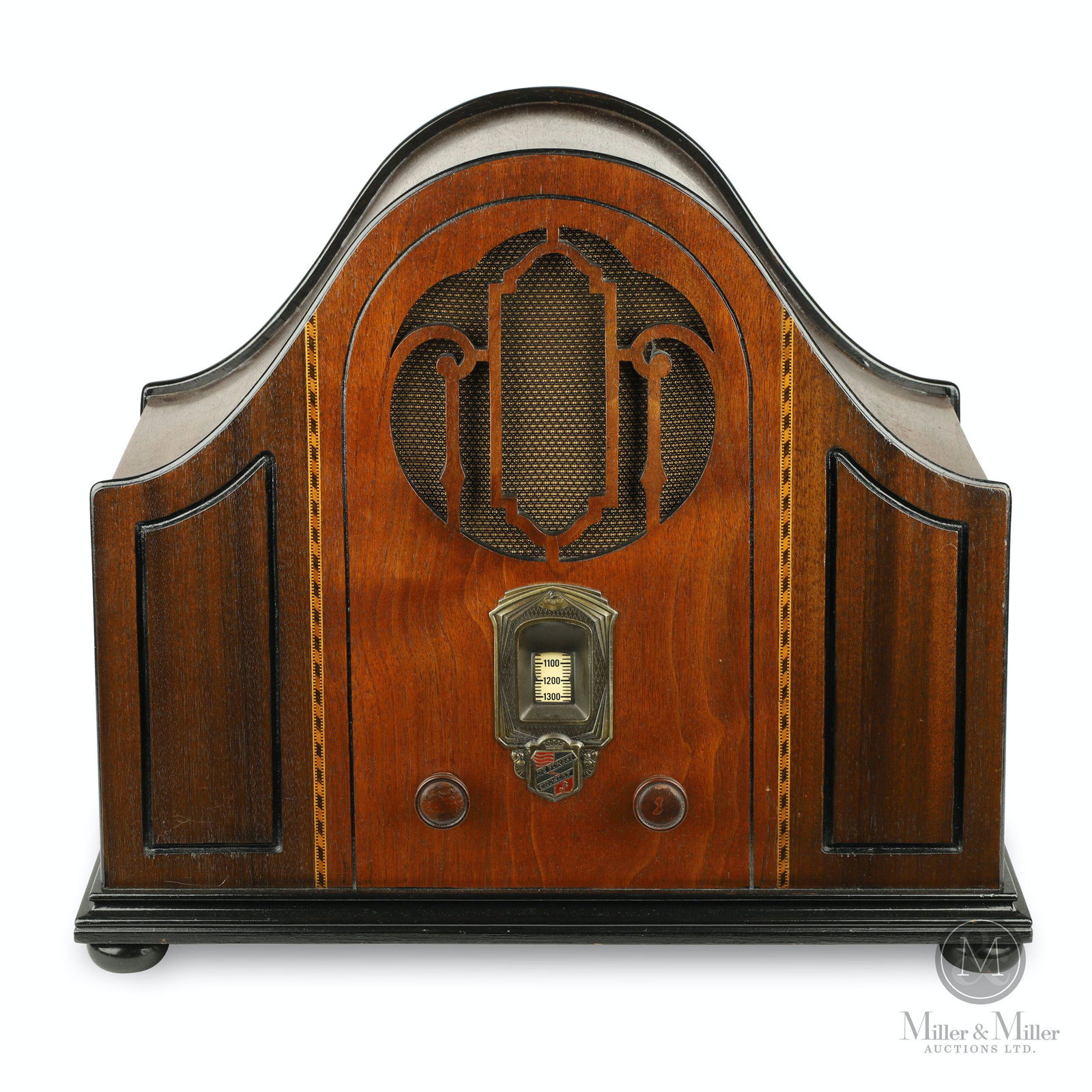 Deforest Crosley "Drake" Cathedral Radio: American. 1932. Inlaid wood veneer case. 17 1/2 x 20 x 10". Functioning. CODE:RAD Bryan Beatty collection.