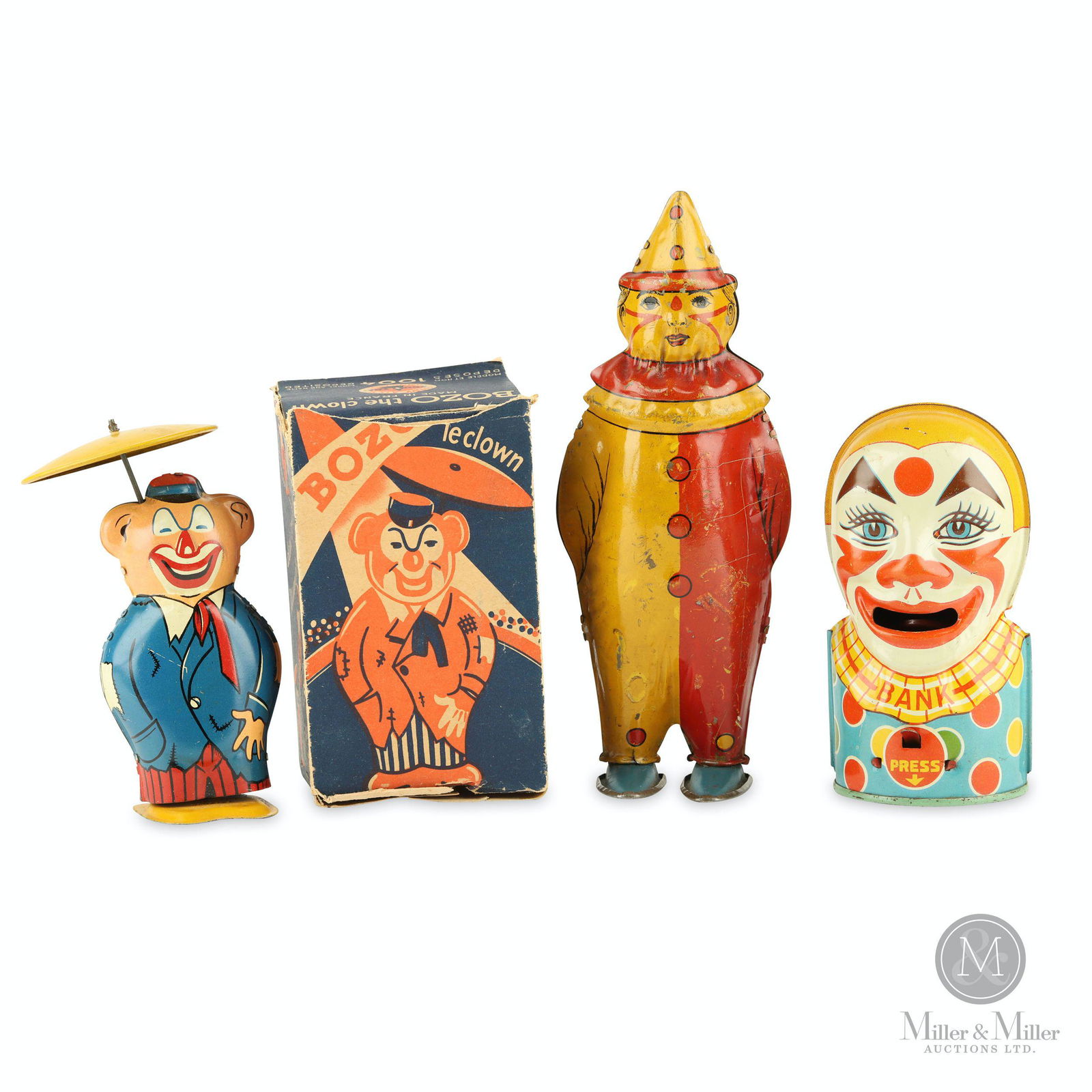 Tin Litho Wind-up Clowns & Bank (1 of 14)