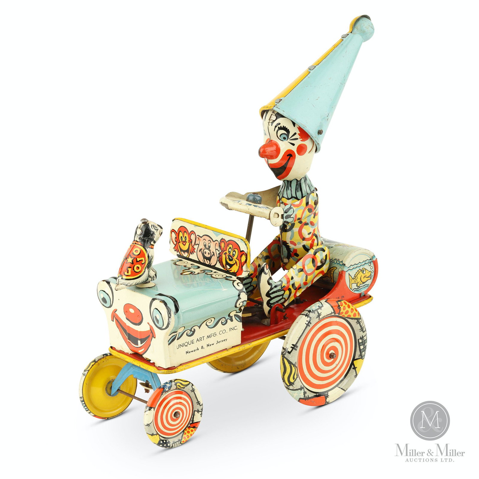 Unique Art, "Artie & Jojo" Wind-up Clown Car: American. 1940s. Lithographed tin. Marked, "Unique Art Mfg. Co., Inc. Newark 8, New Jersey" on left and right side of car, "Made in U.S.A." on left side of car and "Pats Pend." on right side of car. 1
