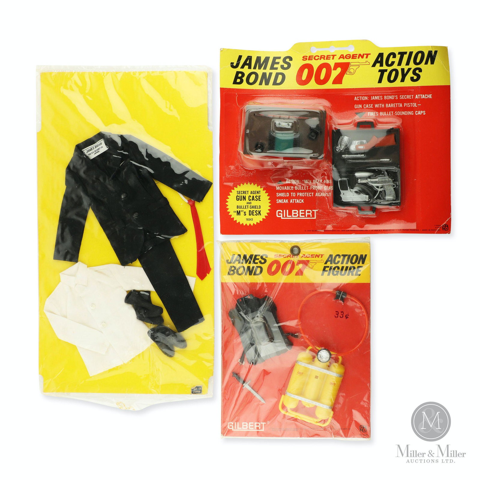 Gilbert, James Bond 007 Action Figure Accessories: Three (3). English. 1960s. Plastic, fabric. Includes: Gilbert, James Bond Accessory Kits: Tuxedo (Made in Japan), Scuba Diving Kit in original packaging, Gilbert gun case in original package. Marked, 