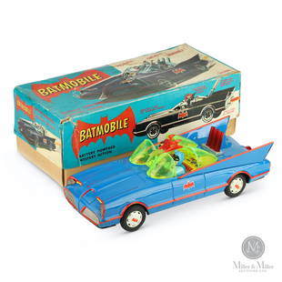 Aoshin Japan, 1972 Battery-Op Batmobile: Japan. 1970s. Painted metal. Includes original box. Marked, ""Trade Mark" Made in Japan." underside. 3 3/4 x 12 x 4 1/4". Exhibits a few tiny very light scratches on both sides. A couple of flecks