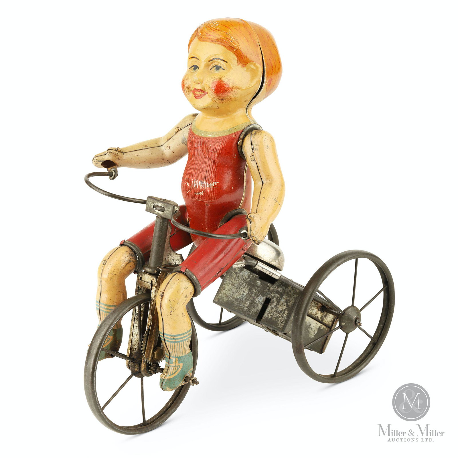 Marx, Wind-up Wonder Cyclist Boy: American. 1950s. Lithographed tin. When wound, bell rings as toy moves. Features jointed legs and moving arms. 9 x 5 x 8". Mechanically functioning. CODE:TOY