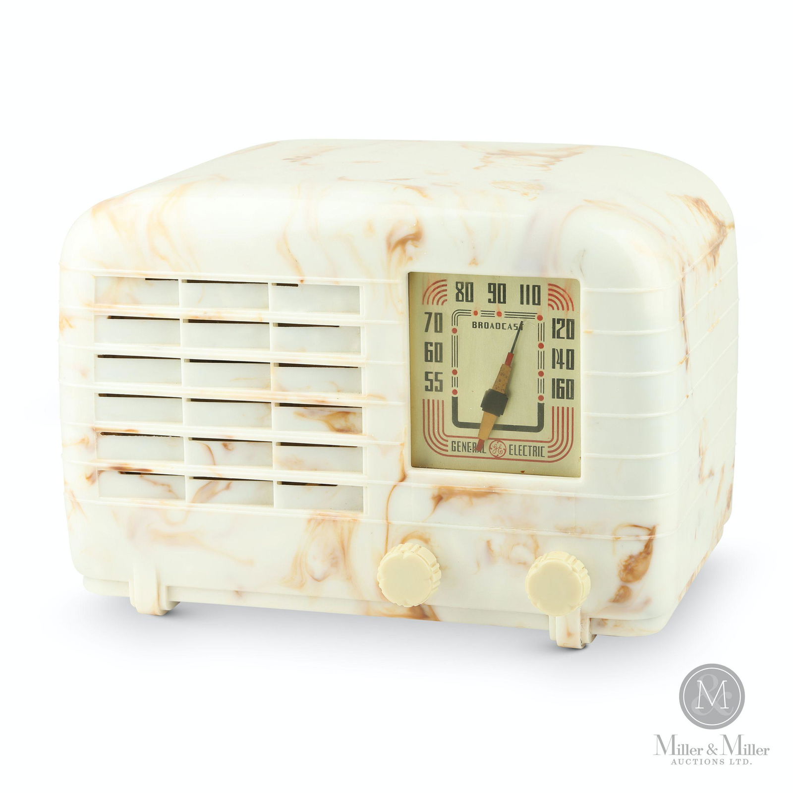 General Electric "Beetle" Radio: Canadian. 1939. Marbled plaskon. 7 x 10 1/2 x 6 1/2". Not functioning. Exhibits fine stabilized crack extending 2" inward from upper rear right side. Needle exhibits minor oxidation. CODE:RAD Bryan Be