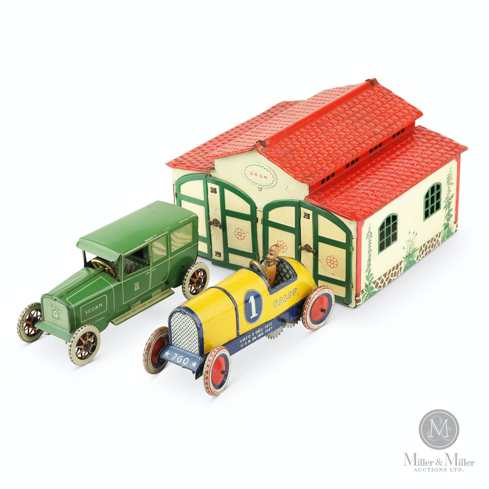 Lehmann, 2 Bay Garage with Wind-up Race Car & Sedan (1 of 16)