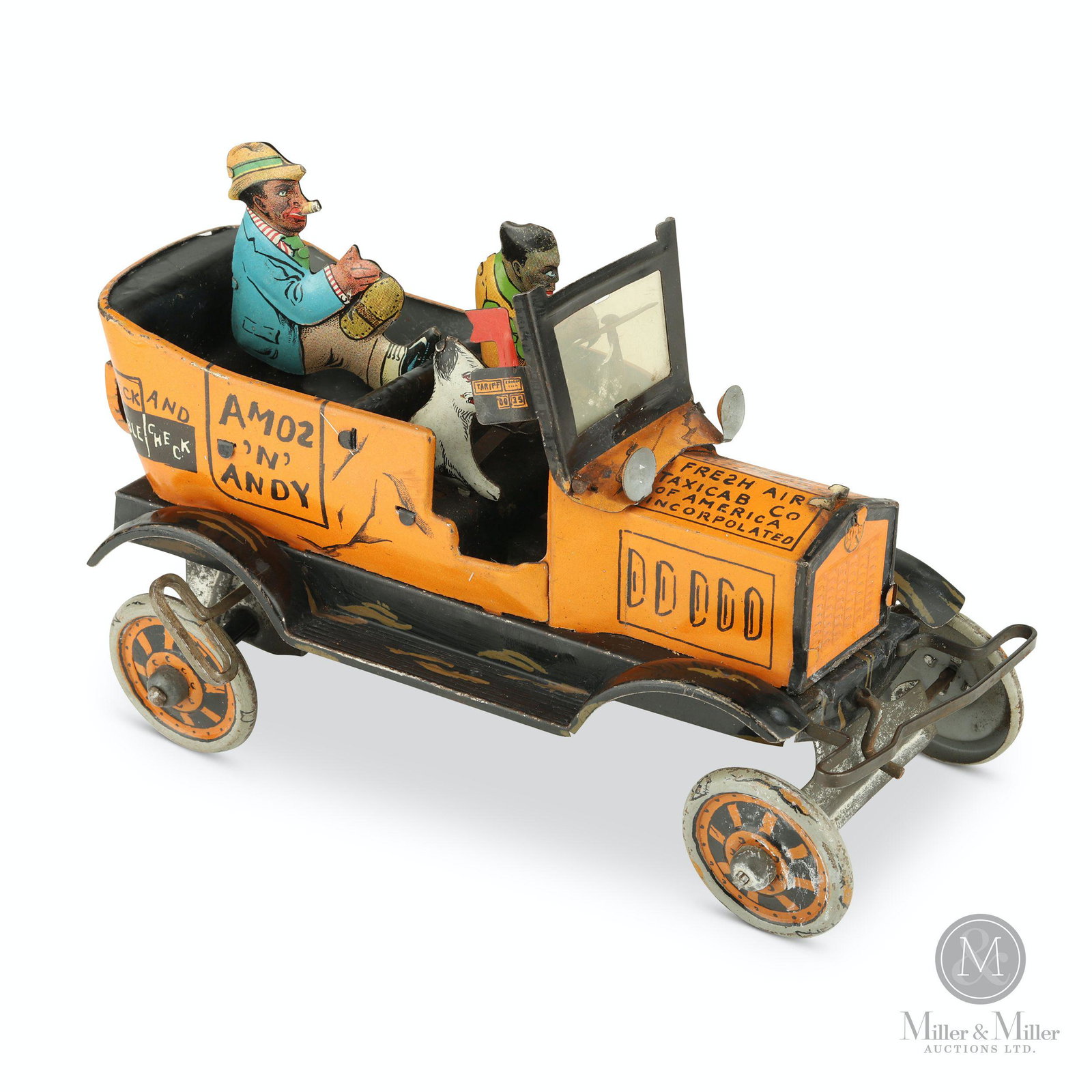 Marx, Tin Litho Amos n' Andy Fresh Air Taxicab: American. 1940s. Lithographed tin. Marked, "Made by Louis Marx & Co., New York, U.S.A" lower rear body. 5 x 4 x 8". Mechanically functioning. Requires horsehoe hood ornament. Rear passenger is detache